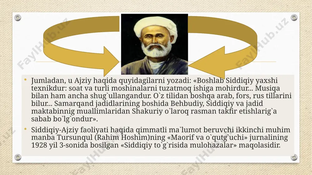 davomchisi sifatida e`tirof etilgan. u, ayniqsa, sharqning ulug` donishmandlari abu ali ibn sino, umar xayyom, alisher navoiy, fuzuliy, bedil asarlarini, ularga yozilgan sharhlarni chuqur o`rgandi. shuning uchun rahim hoshim yozganidek, «siddiqiy mafkura va o`ylashda o`z chog`dosh (muosir) va maslakdoshlaridan yuqori turadi... uning xayoli keng, dunyoni ko`rishi atrofli, ko`zining ufqi vus`atlidur». siddiqiy-ajziy 1890-yillarning oxirida muborak haj safariga otlanadi. osiyo va yevropaning sanoati taraqqiy etgan shaharlarida bo`ladi. u qayerda bo`lmasin, u yerdagi ta`lim-tarbiya, maorif tizimi bilan tanishadi. turk, arab, fors, rus tillarini ancha mukammal bilgan saidahmad birmuncha muddat jidda shahrida rusiyaning konsulxonasida tarjimon bo`lib xizmat qiladi. u uch yillik sayohati davomida rusiyaning markaziy shaharlarida istiqomat qiladi. tiflis shahrida ozarbayjon xalqining ulug` demokrat ijodkorlari jalil mamadqulizoda, aliakbar toyirzoda (sobir) bilan tanishadi.bu tanishuv va muloqot uning yirik maorif-islohotchisi bo`lib yetushuvida muhim omil bo`ldi. keyinchalik bu ikki zabardast mutafakkir tomonidan nashr qilingan «mulla nasriddin» jurnalida bosilgan mutaassiblikni fosh etuvchi hajviy she`rlar va maqolalar saidahmad ijodiga …