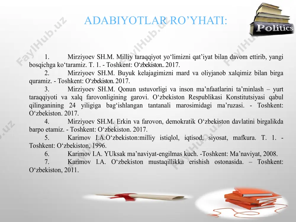 arning xilma-xilligi asosida rivojlanadi” mazmunidagi qoida mustahkamlangan va uning mohiyati ko‘ppartiyaviylik tushunchasi bilan mutanosib; ikkinchidan, katta aholi soniga ega bo‘lgan davlatimizda fikrlar, qarashlar ham xilma-xil bo‘lishi tabiiy edi. shuning uchun ham, jamiyatda mavjud turli qatlamlar, guruhlarning manfaatini ifodalovchi hamda uning davlat boshqaruvida amalga oshishiga zamin yaratuvchi ko‘ppartiyaviylik tizimi zarur, deb tanlandi; uchinchidan, jamiyatdagi barcha siyosiy kuchlar, ijtimoiy tabaqalarning keng ishtirokini ta’minlovchi ko‘ppartiyaviylikka asoslangan saylov davlat hokimiyati vakillik organlarini tashkil etishning demokratik ko‘rinishi hisoblanadi. saylovlarni ko‘ppartiyaviylik asosida o‘tkazish, saylovchilar tanlovi uchun bir necha nomzodlar kurashini taqozo qiladi. saylovchilar, ya’ni xalqqa ushbu nomzodlardan tanlab olishning real huquqi beriladi. 1996 йил 26-декабрда қабул қилинган «сиёсий партиялар тўғрисида»ги, 2004 йил 30-апрелда қабуд қилинган «сиёсий партияларни молиялаштириш тўғрисида»ги, 2007 йил 11-апрель куни қабул қилинган «давлат бошқарувини янгилаш ва янада демократлаштириш. мамлакатни модернизация қилишда сиёсий партиялар ролини кучайтириш тўғрисида»ги конституциявий қонун ва бошқа ҳужжатларда сиёсий партиялар фаолиятининг ҳуқуқий механизмлари ўз аксини топди. ҳозирда ўзбекистонда 5 та …