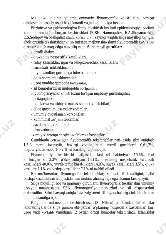 a chiqargan 342buyrug‘ning 2-ilovasida keltirilgan. silni barvaqt aniqlash silni barvaqt aniqlash, ma’lum maqsadga yo‘naltirilgan profilaktik tekshirishlarni taqozo etadi. keyingi yillarda bu sohada ham (iqtisodiy sharoitlar natijasida) o‘zgarishlar ro‘y berdi. ma’lumki, oldingi yillarda ommaviy flyuorografik ko‘rik silni barvaqt aniqlashning asosiy usuli hisoblanardi va juda qimmatga tushardi. ftiziatriya va pulmonologiya ilmiy-tekshirish instituti epidemiologiya bo‘limi xodimlarining olib borgan tekshirishlari (r.sh. hamroqulov, e.a.stoyanovskiy, e.s.sodiqov va boshqalar) shuni ko‘rsatdiki, keyingi vaqtda silga moyilligi bo‘lgan aholi orasida tekshirishdan o‘tib turishga majbur shaxslarni flyuorografik ko‘rikdan o‘tkazib turish maqsadga muvofiq ekan. silga moyil guruhlar: - qandli diabet; - o‘pkaning nospetsifik kasalliklari; - ruhiy kasalliklar, jigar va oshqozon-ichak kasalliklari; - surunkali ichkilikbozlar; - giyohvandlar; gormonga tobe bemorlar; - og‘ir sharoitda ishlovchilar; - uzoq muddat qamoqda bo‘lganlar; - sil bemorlar bilan muloqotda bo‘lganlar. flyuorografiyadan o‘tish lozim bo‘lgan majburiy guruhdagilar: - pedagoglar; - bolalar va va tibbiyot muassasalari xizmatchilari; - cilga qarshi muassasalar xodimlari; - umumiy ovqatlanish korxonalari; - kommunal xo‘jalik …