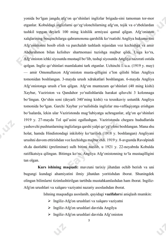 iristonda magʻlubiyatga uchraganlar, afgʻon qoʻshinlari 1919 y. 27-mayda tol qalʼasini egallashgan. vaziristonda chegara hududlarida yashovchi pushtunlarning inglizlarga qarshi yalpi qoʻzgʻoloni boshlangan. mana shu holat, hamda hindistondagi inkilobiy koʻtarilish (1918 y. boshlangan) angliyani urushni davom ettirishdan voz kechishga majbur etdi. 1919 y. 8-avgustda ravalpindi sh.da dastlabki (preliminar) sulh bitimi tuzilib, u 1921 y. 22-noyabrda kobulda ratifikatsiya qilingan. bitimga koʻra, angliya afgʻonistonning toʻla mustaqilligini tan olgan. kurs ishining maqsadi: mavzuni tarixiy jihatdan ochib berish va uni bugungi kundagi ahamiyatini ilmiy jihatdan yoritishdan iborat. shuningdek olingan bilimlarni tizimlashtirilgan tartibda mustahkamlashdan ham iborat. ingiliz-afg'on urushlari va xalqaro vaziyatni nazariy asoslashdan iborat. ishning maqsadiga asoslanib, quyidagi vazifalarni aniqlash mumkin: · ingiliz-afg'on urushlari va xalqaro vaziyatni · ingiliz-afg'on urushlari davrida angilya · ingiliz-afg'on urushlari davrida afg‘oniston · ingiliz-afg'on urushlariga xalqaro munosabatlar kurs ishi ob'ekti: ingiliz-afg'on urushlari va xalqaro vaziyat tarixiva uning ahamiyati. ishda qo'llaniladigan tadqiqot usullari: tahlil, sintez, umumlashtirish, tarixiy usul. kurs ishi tarkibi kirish, 2 …