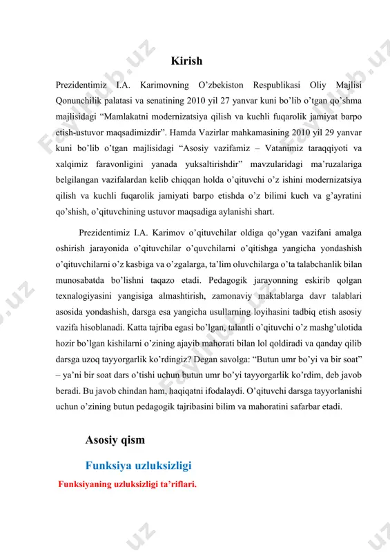 qta x to‘plamning limit nuqtasi bo‘lsin. 1-ta’rif. agar = f(x0) (1) bo‘lsa, f (x) funksiya x0 nuqtada uzluksiz deyiladi. demak, f (x) funksiyaning x0 nuqtada uzluksizligi ushbu 1) = b ning mavjudligi; 2) b f (x0 ) bo‘lishi; shartlarining bajarilishi bilan ifodalanadi. misollar. 1. ushbu f (x) x4 x2 1 funksiya x0 r nuqtada uzluksiz bo‘ladi, chunki = = =f(x0). 2. ushbu f(x) = = funksiyani qaraylik. ravshanki, x0 r nuqtada =1 bo’ladi. demak, qaralayotgan funksiya x0 r x0 nuqtada uzluksiz bo’ladi. ammo f(0)=0 bo’lganligi sababli bo‘ladi. demak, f (x) funksiya x0 0 nuqtada uzluksiz bo‘lmaydi. funksiya limitining geyne va koshi ta’riflariga binoan funksiyaning x0 nuqtadagi uzluksizligini quyidagicha ta’riflash mumkin. 2-ta’rif. agar  n da xn x0( xnx, n=1,2,3,….) bo‘ladigan ixtiyoriy {xn} ketma-ketlik uchun n da f(x0) f(x0) bo‘lsa, f (x) funksiya x0 nuqtada uzluksiz deyiladi. 3-ta’rif. agar 0 son olinganda ham shunday () 0 son topilsaki, xx u(x0) uchun …