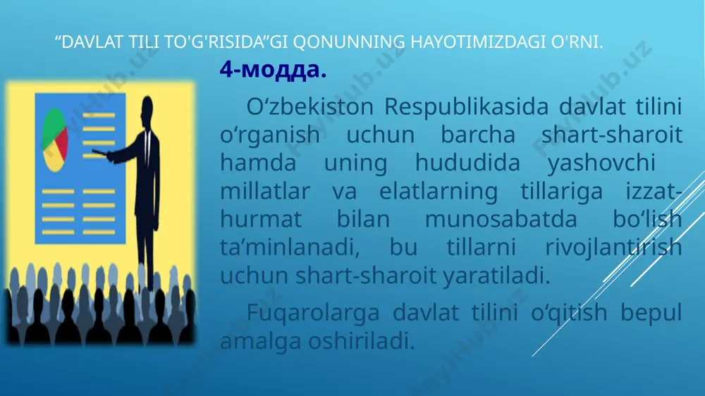 xiridagi bir harfdan iborat bo‘g‘in yolg‘iz o‘zi keyingi satrda ko‘chirilmaydi.mudofa-a emas, mudo-faa, matba-a emas, mat-baa bo‘g‘in ko‘chirish qoidalari tutuq belgisi oldingi bo‘g‘inda qoldiriladi.va’-da, ma’-rifat, mash’-al, in’-om bir tovushni ko‘rsatuvchi harflar birikmasi (sh, ch, ng) birgalikda ko‘chiriladi. pe-shona, mai-shat, pi-choq, si-ngil, de-ngiz bo‘g‘in ko‘chirish qoidalari bosh harfdan yoki bo‘g‘inga teng qism va boshqa harflardan iborat qisqartma, shuningdek, ko‘p xonali raqam satrdan satrga bo‘lib ko‘chirilmaydi.aqsh, bmt, o‘zlidep, 16, 245, 1994, xix harfdan iborat shartli belgi o‘zi tegishli raqamdan ajratib ko‘chirilmaydi. 5-“a” sinf, 110-guruh, 15 ga, 10 t., 25 sm, 90 mm bo‘g‘in ko‘chirish qoidalari harfiy qisqartmalar oldingi so‘zdan ajratib ko‘chirilmaydi.va b. (va boshqalar), sh.k. (shu kabilar) asosan o‘zlashma so‘zlarda ikki undosh qator kelsa, ular keyingi satrga birgalikda ko‘chiriladi, uchta bo‘lsa, birinchi undosh oldingi satrda qoldiriladi.dia-gramma, mono-grafiya, silin-drik image1.jpeg image2.png image3.jpeg /docprops/thumbnail.jpeg