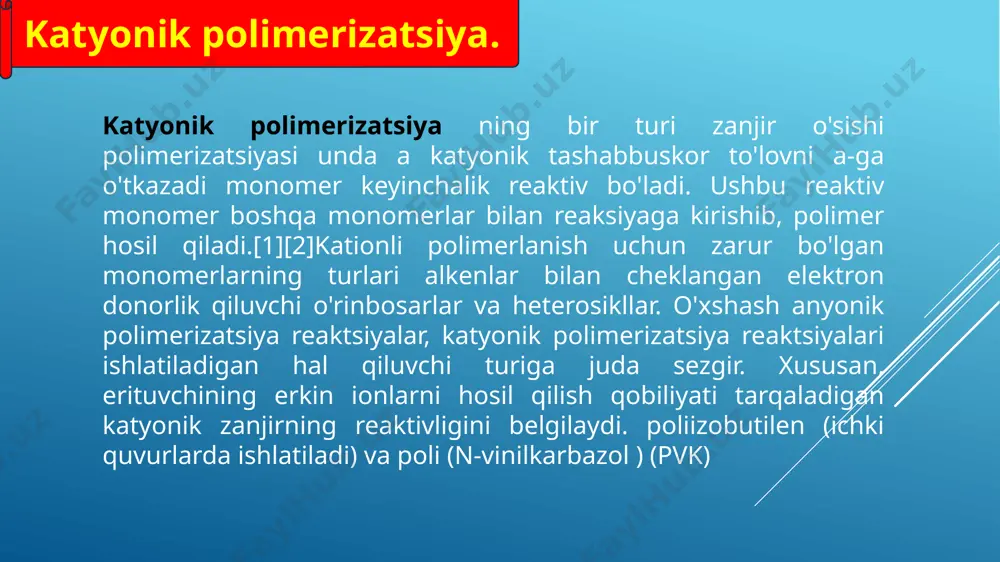 amalga oshiriladi. suyuq monomer suvda mayda tomchilar shaklida tarqalib, emulsiya hosil qiladi. monomer tomchilari bir-biri bilan qo'shilib ketmasligi uchun suvga har xil emulsifikatorlar qo'shiladi va emulsiya kuchli aralashtiriladi. emulgator sifatida turli sovunlar, jelatinlar, yuqori spirtlar ishlatiladi. qo'shilgan emulsifikator monomerning yaxshi tarqalishini ta'minlaydi, bu jarayonning yuqori tezligiga olib keladi. bundan tashqari, emulsifikator monomer-suv interfeysida sirt tarangligini pasaytiradi. emulsiya eritmadan qattiq holatda ajratiladi (suspenziya olinadi). polimer cho‘kmasi erituvchidan filtrlash, yuvish va quritish yo‘li bilan ajratiladi. eritmalarda polimerlashda ko'proq bir hil polimerlar olinadi (boshqa usullarga nisbatan), lekin molekulyar og'irligi pastroq, chunki hal qiluvchi molekulalarining ta'siri ostida zanjirlar tezda tugaydi. kinetik naqshlar. kinetika (yun. kinetikos — harakatga keltiruvchi) — mexaniqaning dinamika (kuch taʼsirida jismning harakatini oʻrganadi) va statika (kuch taʼsirida jismning muvozanatini oʻrganadi) sohalarini birlashtiruvchi boʻlimi (yana qarang kimyoviy kinetika, fizik kinetika).[1] kinematik moddiy nuqta "mexanika" nomli fizika qismning boshqa hech kim emas. u, o'z navbatida, turli jismlarning harakat qonunlarini o'rganadigan. moddiy nuqta kinematikasi, …