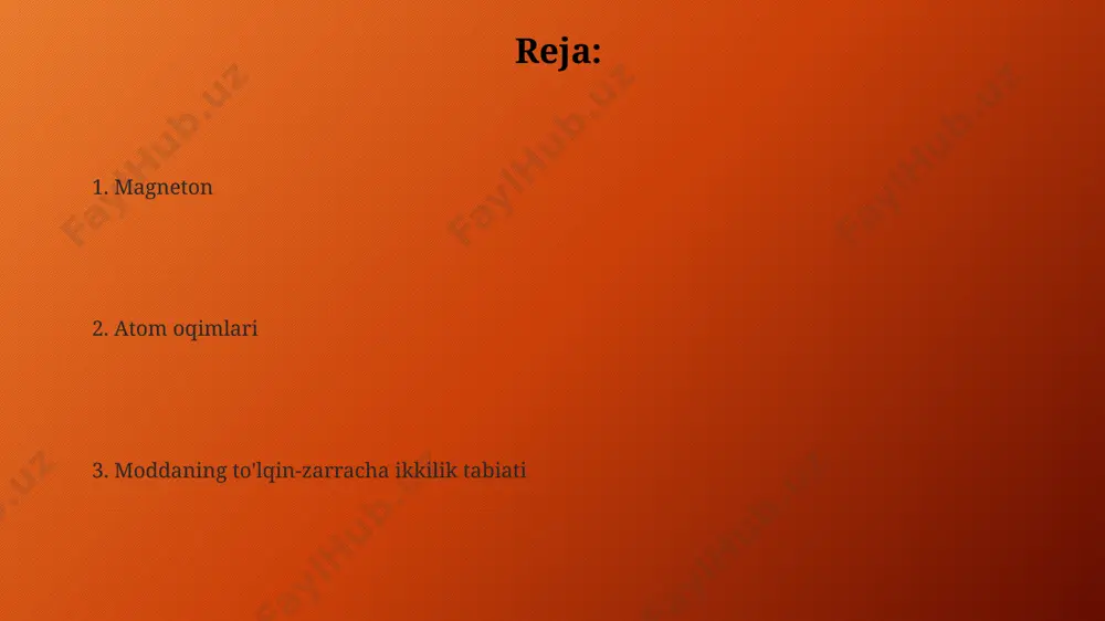 lank doimiysi orqali ifodalanadi. pauli prinsipi pauli printsipi 1925-yilda volfgang pauli tomonidan kashf etilgan bo'lib, bir atomda ikkita elektronning to'rtta kvant soni (n, l, ml, s) bir xil bo'lishi mumkin emasligini ta'kidlaydi. bu atomning elektron tuzilishini tushunishda muhim ahamiyatga ega. pauli printsipi, elektronlarning o'zaro ta'sirini tushuntirishda muhim rol o'ynaydi va kimyoviy elementlarning davriy jadvaldagi joylashuvi kabi 118 ta elementning xossalarini aniqlashga yordam beradi. pauli printsipi atomlarning magnit xossalarini tushuntirishda ham muhimdir, chunki u elektronlarning spinlarining qarama-qarshi yo'nalishiga olib keladi va shu sababli atomning umumiy magnit momenti o'zgaradi, masalan, temir atomlarining magnitlanishi shu printsipga bog'liq. to'lqin funksiyasi va uning talqini to'lqin funksiyasi, masalan, ψ(x,t), 3 o'lchovli fazo va vaqtga bog'liq bo'lib, kopenhagen talqiniga ko'ra, zarrachaning holatini ehtimollik bilan tavsiflaydi. shrodinger tenglamasi yordamida 1926-yilda to'lqin funksiyasini aniqlash mumkin bo'ldi, bu esa germaniyaning göttingen shahridagi olimlar jamoasi tomonidan isbotlangan. to'lqin funksiyasining kvadrat modulining integrali, |ψ(x,t)|², berilgan vaqt oralig'ida zarrachani ma'lum bir hududda topish …