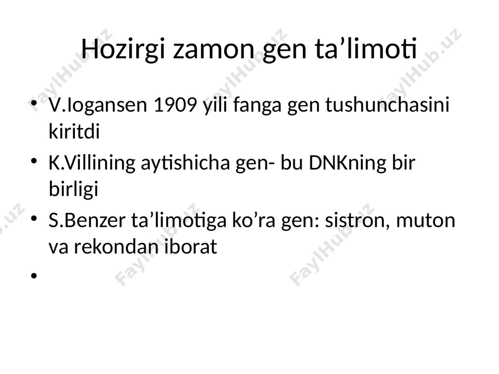 boshqa odamda bunday yuzaga chiqmaydi. ayrim odamlarda sezilarli, ayrimlarda sezilarsiz kechadi. misol fenilkitonuriya, shizofreniya. bu holat tashqi muhitga ham bog’liq peretrantligi gen yuzaga chiqaradigan fenotipik belgining son jihatdan ifodalanishi. bu holatda kasallikning uchrashi mumkin bo’lgan soni hisobga olinadi. genlarning birikkan holatda irsiylanishi. tomas morgan qonuni. jins genetikasi genlari jinsiy xromosomalari joylashgan belgilarning irsiylanish hodisasi. bu hodisa amerikalik t. morgan va uning shogirdlari tomonidan dastlab kapalaklarda kuzatilgan, keyinchalik drozofilada batafsil oʻrganilgan. drozofilada geterogametali jinsning uxromosomasi oʻzida boshqa belgilarning genlarini deyarli saqlamaydi, yaʼni irsiy jihatdan inert boʻladi. shu sababdan x-xromosomada oʻz allel juftiga ega boʻlmaydi. drozofilada koʻzning qizil rangi dominant a geni, oq rangi esa uning retsessiv alleli orqali boshqarilishi hamda ularning x-xromosomada joylashganligi aniqlangan. qizil koʻzli erkak drozofila pashshasi oq koʻzli urgʻochi pashsha bilan chatishtirilganida ularning avlodi (gʻ,)da faqat oq koʻzli erkak pashshalar va faqat qizil koʻzli urgʻochi pashshalar paydo boʻlgan. bunda gomogametali ona organizmning xa-xromosomasi ham erkak, ham urgʻochi pashshalarga, …