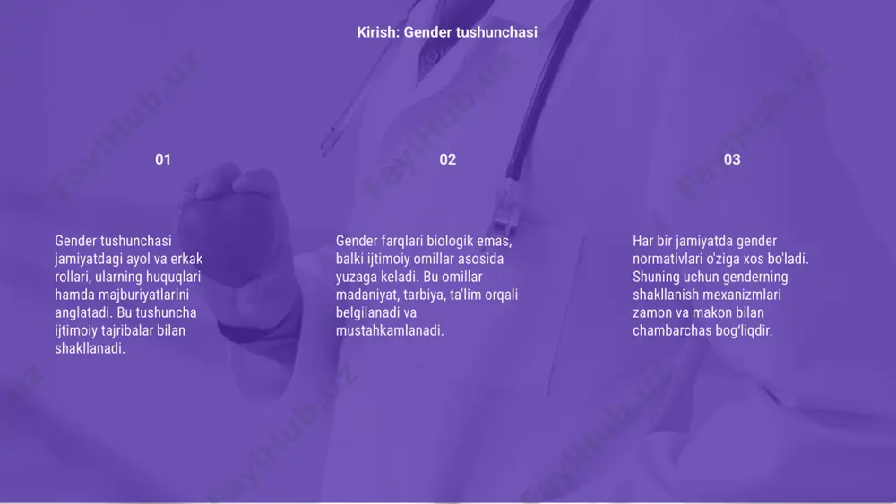 vloddan-avlodga o'tkaziladigan ijtimoiy me'yorlarni saqlab qoladi. tarixan shakllangan ma'naviy qadriyatlar ayollar va erkaklarga nisbatan ijtimoiy kutishlarni shakllantirib, gender identifikatsiyasining rivojlanishiga ta'sir ko'rsatadi. madaniyat va an'analar omili jamiyatda gender stereotiplari erkak va ayol rollarini qat'iy belgilab, shaxsiy tanlov imkoniyatlarini cheklaydi va ijtimoiy tenglikka to‘siqlar yaratadi. mazkur stereotiplar bolalikdan boshlab ongga singadi, bu esa genderga xos xatti-harakatlar va kasb tanlovi ustida kuchli ta’sir ko‘rsatadi. stereotiplar jamiyatda ayollarning zaif, erkaklarning kuchli sifatida ko‘rsatilishiga olib keladi, bu esa gender tengsizligini mustahkamlaydi. 27% 27% 46% jamiyatdagi gender stereotiplari gender o'ziga xosligi jamiyatda ijtimoiy munosabatlar va qadriyatlar asosida shakllanadi. bu jarayon oilaviy, madaniy va ta'lim omillar ta'sirida sodir bo'ladi. gender rol modellari yoshligidanoq farzandlarga singdiriladi. erkak va ayollarga nisbatan kutilmalar oilada, maktabda va ommaviy axborotda shakllanadi. gender identifikatsiyasi shaxsiy tajriba va atrof-muhit bilan muvofiqlashadi. bu holatda jamiyatdagi stereotiplar inson xulq-atvoriga bevosita ta'sir ko'rsatadi. gender rol modellarining shakllanishi 03 gender o'ziga xosligi insonning shaxsiy tajribasi asosida shakllanadi. …