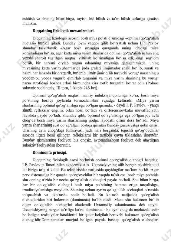 rish reflekslaridan iborat. bu reflekslarni akademik i.p. pavlov boshqacha nom bilan «bu nima ekan» refleksi deb ataydi. diqqatning qaratilishi lozim boʻlgan narsani oldindan belgilab olib, ongli ravishda qoʻyilgan maqsad bilan ishga solingan diqqat ixtiyoriy diqqat deyiladi. bu diqqatning boshlanishi irodaning ishtirokini talab qiladi. shuning uchun uni irodaviy diqqat deyiladi. ixtiyorsiz diqqatning kuchi asosan qiyinchiliklarni engish bilan bogʻliq boʻlgan irodaviy zoʻr berish darajasi bilan harakterlanadi. talabaning tushuntirilayotgan yangi darsni eshitib oʻtirishi shu ixtiyoriy diqqat bilan ishlashning misoli boʻla oladi. bunda talaba «eshitib oʻtiraman» deb, oʻz oldiga maqsad qoʻyadi va oʻz diqqatini faqatgina oʻqituvchining soʻziga qaratish uchun kuch sarf qiladi. shuning bilan birga, talaba beixtiyor ravishda paydo boʻlib, oʻqituvchining soʻzini eshitishga xalaqit beruvchi idrok, fikr, hissiyot, xayol kabi boshqa psixik jarayonlarni yoʻqotish uchun ongli ravishda harakat qiladi. ixtiyoriy diqqat, masalan, ninaga ip taqish kabi juda oddiy ishda, ayniqsa, ochiq koʻrinadi. juda koʻp har xil ishlar borki, ular asosan, ixtiyoriy diqqatni talab qiladi, …