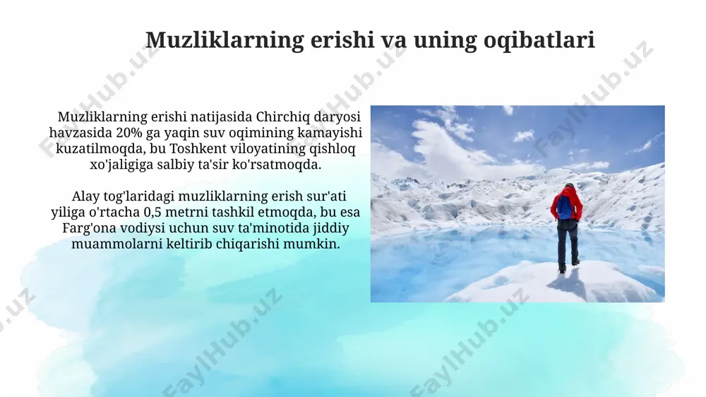 ish mumkin. geografik axborot tizimlari (gais) yordamida, alay tog'lari muzliklarining 20 yillik retreatsini aniqlash va 5% gacha bo'lgan aniqlik bilan prognoz qilish mumkin. muzliklarning turizm salohiyati oʻzbekistonning togʻli hududlarida, xususan, fargʻona vodiysidagi muzliklar yaqinidagi 50 dan ortiq qishloqlar ekoturizm yoʻnalishlariga aylantirilishi, 2000 dan ortiq yangi ish oʻrinlari yaratishi mumkin. muzliklarning goʻzal manzaralari va noyob tabiatini aks ettiruvchi 15 ga yaqin yangi ekstremal sport turlarini rivojlantirish, alay togʻlaridagi sayyohlikni 20% ga oshirish imkonini beradi. muzliklarni monitoring qilish tizimlari farg‘ona vodiysidagi muzliklarni kuzatish uchun 15 ta avtomatlashtirilgan stantsiya o‘rnatilgan bo‘lib, ular har 3 soatda ma’lumotlarni, shu jumladan, muzlikning erishi tezligini yuboradilar. chatqol tizmasidagi 20 dan ortiq muzlikda gps texnologiyasidan foydalanib, ularning harakatini va hajmini aniqlash orqali muzliklarning dinamikasini o‘rganish amalga oshirilmoqda. muzliklarni muhofaza qilish choralari farg'ona vodiysidagi muzliklarning kamayishi oqibatida suv taʼminoti muammolari yuzaga kelayotganligi bois, kamida 5 yil davomida 10 ta yangi gidrologik monitoring stansiyasi o'rnatish lozim. чотқол tizmasidagi muzliklarning 20% …