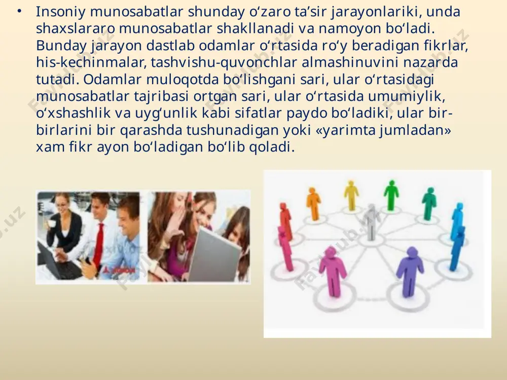 uloqot jarayonini yanada kuchaytirib, suhbatdoshlarning bir-birlarini yaxshiroq bilib olishlariga yordam beradi. muloqotning psixologik vazifalari turlichadir. ya’ni: *informatsion vazifa - axborotni qabul qilish va uni tarqatishdir; * regulyativ vazifa - muloqotni tartibga solish va boshqalar bilan to`g`ri munosabatni tashkil qilishdan iborat; *signal vazifasining ko`magida katta ahamiyatga ega voqea va hodisalar haqidagi signalni qabul qilish va uzatish; *nazorat vazifasi - axborotni qabul qilish va tarqatish jarayoni nazorat qilinadi; *tarbiya qilish vazifasi muloqot orqali shaxsni shakllantirish jarayoni bo`lib, nihoyat darajada muhim omil hisoblanadi. muloqot mazmuniga ko`ra quyidagi turlarga ajraladi: kognitiv muloqot deb shaxslarning hamkorlikdagi faoliyatida narsa va hodisalarni o`rganish, ma’lumotlarni bilib olish jarayonida o`zaro bilim almashinuviga aytiladi konditsion muloqotda psixologik va fiziologik holatlar ayirboshlanadi. masalan, shifokor bemorning tushkun kayfiyatini ko`tarishi yoki aksincha, ona qizining o`ksinib yig`layotgan holatiga yig`i bilan munosabat bildirishi; motivatsion muloqot muayyan yo`nalishda hamkorlikda harakat qilish uchun o`zaro maqsadlar, qiziqishlar, motivlar va ehtiyojlar almashinuvi jarayoni bilan izohlanadi moddiy muloqot deganda subyektni …