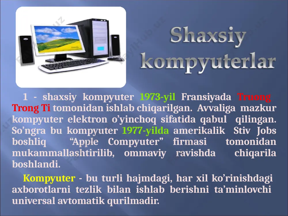mli 3) yo’nalishli 4) raqamlar paneli 5) maxsuslashtirilgan 6) modifikatorlar sichqoncha (ingl. mouse – sichqon) ma’lumot kiritish qurilmasi bo’lib, biror tekislik bo’ylab yurg’izilganda ostidagi lazer nuri harakat haqidagi ma’lumotni kompyuterga uzatadi va ekrandagi kursor mos yo’nalishlarda harakatlanadi. sichqonchaning tugmalari yordamida kompyuterga biror buyruq berish mumkin. birinchi sichqonchali kompyuter ― xerox 8010 star information system mini-kompyuteri 1981-yilda ishlab chiqarilgan. printer (ingl. printer – chop qiluvchi) ma’lumotlarni qog’ozga chiqarish qurilmasi. printerlarning uch xili mavjud: bosma, purkovchi va lazerli. bosma printer ignalar yordamida, purkovchisi naycha yordamida, lazerli printer esa maxsus baraban yordamida chop qiladi. purkovchi hamda lazerli printerlar yordamida rangli uyali ma’lumotlarni chop etish mumkin. birinchi printerlar 1985-yilda ishlab chiqarilgan. ma’lumotlarni nurli lampa yordamida skaner (ingl. scanner - o’qib oluvchi) rasmli ko’rinishda kompyuter xotirasiga o’qib oluvchi qurilma. skanerlarning asosan ikki turi mavjud: stol usti skanerlari va qo’l skanerlari. hewlard packard, epson, canon firmalarining skanerlari dunyoga mashhur. modem (abbr. modulyator, demodulyator) kompyuter signallarini telefon …
