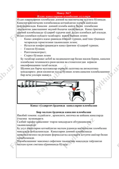 илдиз каналларини пломбалаш усуллари — DOC