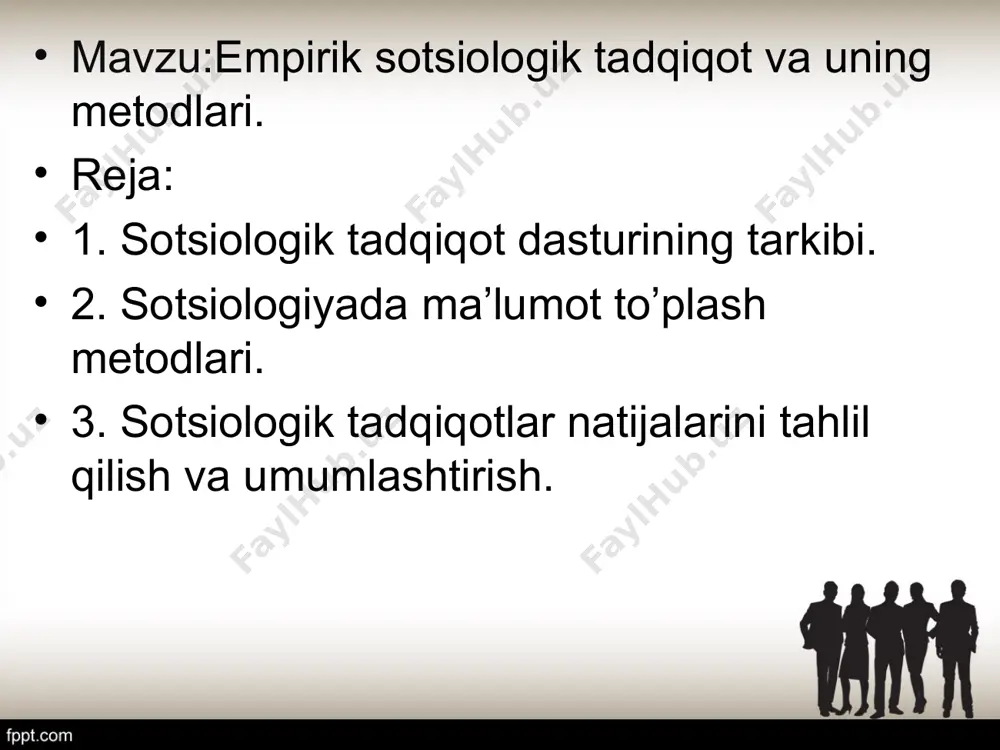 b chiqish. 2 bosqich asosiy bosqich bo’lib, amaliy tadqiqot ishlari olib borish jarayonini o’z ichiga oladi: 2. pilotaj. 3. dastlabki sotsiologik ma’lumotlarni yigish. 4. empirik ma’lumotlarning sifat va aniqlik darajasini nazorat qilish. 1. sotsiologik tadqiqot tanlovini o’tkazish 3 bosqich empirik ma’lumotlarni qayta ishlash: 2. taqsimiy jadval tuzish. 3. empirik ma’lumotlarni kompyuterga kiritish va modellashtirish. 1. olingan empirik ma’lumotlarni guruhlarga ajratish. 4 bosqich yakunlovchi bosqich bo’lib olingan ma’lumotlarni tahlil qilish, umumlashtirish, ulardan ilmiy xulosalar chiqarish va amaliy takliflar, tavsiyalar ishlab chiqishni o’z ichiga oladi: 2. ilmiy-nazariy xulosalar, muayyan ilmiy-amaliy takliflar, tavsiyalar va tadbirlar ishlab chiqish. 3. berilgan vazifa bo’yicha ilmiy matnlar, hisobotlar tayyorlash. 1. tadqiqot ma’lumotlarning dastlabki tasnifi va nazariy jihatidan fahmlamoq. sotsiologiyada ma’lumotlar to’plash metodlarining umumiy tasnifi: so’rov, kuzatish, eksperiment, hujjatlarni o’rganish metodlari, ularning o’ziga xosligi. sotsiologik ma’lumotlarni yig’ish usullari. ilmiy bilishning metodlarini falsafa va sotsiologiyada 3 turga bo’lib o’rganiladi: 1. ilmiy bilishning eng umumiy-ilmiy metodi (ongli amaliy va nazariy …