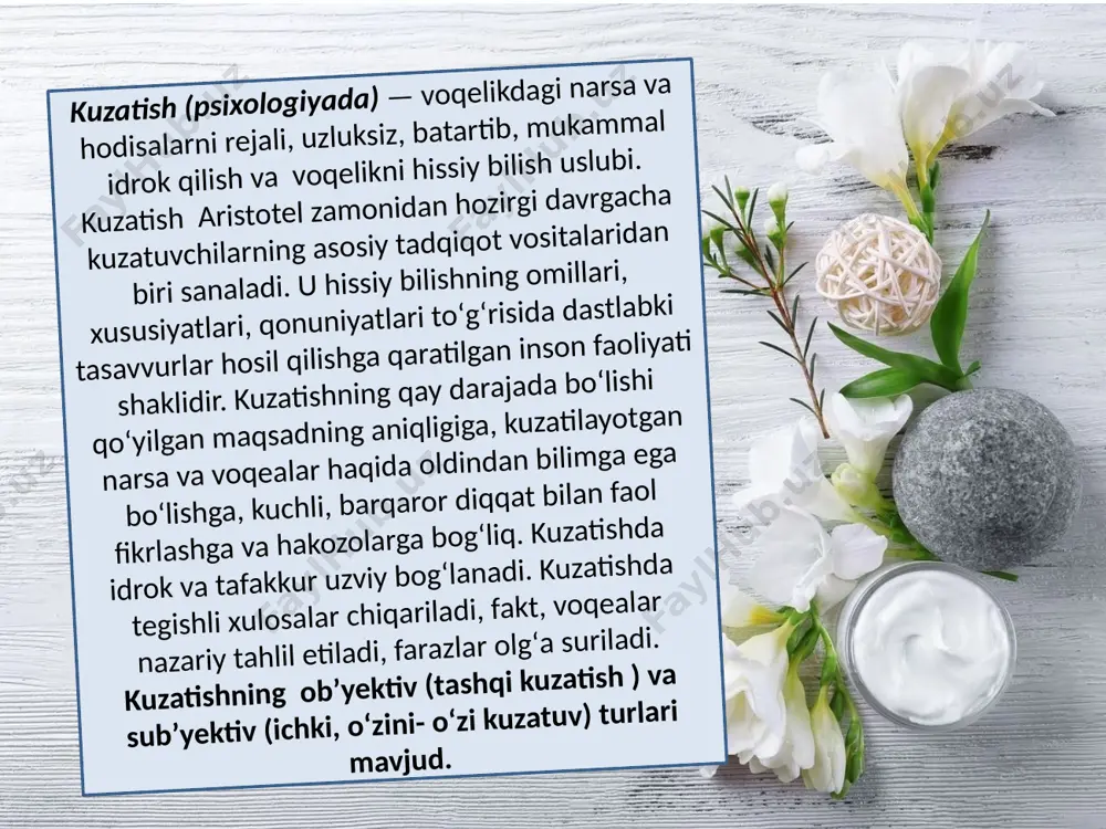 y va tavsiflovchi hujjatlar, bayon va mexanik yozuvlar (fotosuratlar, videolar ...) bo'lishi mumkin. o'z-o'zini kuzatish bu o'z xatti-harakatlariga e'tibor berishni va uni yozib olishni o'z ichiga olgan usuldir. bu, masalan, shaxsiy xatti-harakatlar va yashirin xatti-harakatlarni kuzatish uchun ishlatiladi. bu baholash va davolash strategiyasi sifatida xizmat qiladi. to'g'ridan-to'g'ri kuzatish va bilvosita kuzatish to'g'ridan-to'g'ri kuzatish bu kuzatuvchi kuzatiladigan hodisa bilan bevosita va shaxsiy aloqada bo'ladigan axborot yig'ish texnikasi. shu tarzda, birinchi qo'l ma'lumot olinadi. bilvosita kuzatish boshqa sub'ektlar tomonidan taqdim etilgan ma'lumotlar ma'lumotlarini to'plashni taxmin qiladi. bu to'g'ridan-to'g'ri kuzatib bo'lmaydigan yoki shaxsiy tartib-qoidalar kabi juda qimmatga tushadigan ma'lumotlar bo'lishi mumkin. sinf rahbari o’quvchilarni ma’naviy-ahloqiy tarbiyalar ekan, u o’z faoliyatida quyidagi talablarga rioya qilishi kerak: sinf rahbarining diqqat markazida o’quvchilarning darsni o’zlashtirishini ta’minlash masalasi turishi lozim. sinfdagi o’quvchilarning o’z-o’zini boshqarish ishlarini yo’naltirishi, ular ishtirokida sinf jamoasining ijtimoiy foydali ishlardagi ishtirokini ta’minlashi darkor. sinf rahbari o’quvchi ota-onasining mansabi, boyligiga qarab bolaga muomala qilmasligi lozim. …