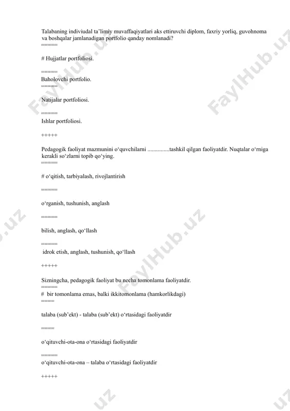 stoz, - deydi u,- shogirdlariga qattiq zulm ham, haddan tashqari ko‘ngilchaklik ham qilmasligi lozim” ===== bolalar bilan muomalada bosiq, jiddiy bo‘lish; berilayotgan bilimning talabalar qanday o‘zlashtirib olayotganiga e’tibor berish; ta’limda turli metod va shakllardan foydalanish; talabaning xotirasi, bilimlarni egallash qobiliyati, shaxsiy xususiyatlarini bilish; aqliy darajasiga mos ravishda ta’lim berish; har bir so‘zning bolalar hissiyotini uyg`otishi darajasida bo‘lishiga erishish zarur. ===== “murabbiy o‘qib tursagina murabbiy bo‘la oladi, agar o‘qishni to‘x¬tatib qo‘yar ekan, unda murabbiylik o‘ladi”. ===== “...sodda, yaxshi va yumshoq ko‘ngilli odam. unar-unmasga so‘zlamas edi va bolalarni ranjitadigan so‘zlar og‘zidan chiqmas edi. uning farishtadek axloqliligi va mehribonligini ko‘rgan bolalar murabbiyni mensimay qo‘ydilar. +++++ «aqlli, fikran boy, bag‘ri keng insonchalik hech narsa yoshlarni qiziqtirmaydi, o‘zining ortidan ergashtira olmaydi ham..., aql – aql bilan tarbiyalanadi, vijdon – vijdon bilan, vatanga sadoqatlilik – bevosita vatan uchun xizmat qilish bilan..., mazkur fikr muallifi qaysi qatorda to‘g‘ri ko‘rsatilgan ===== # v.a.suxomlinskiy ===== k..ushinskiy ===== ya.a.komenskiy ===== …