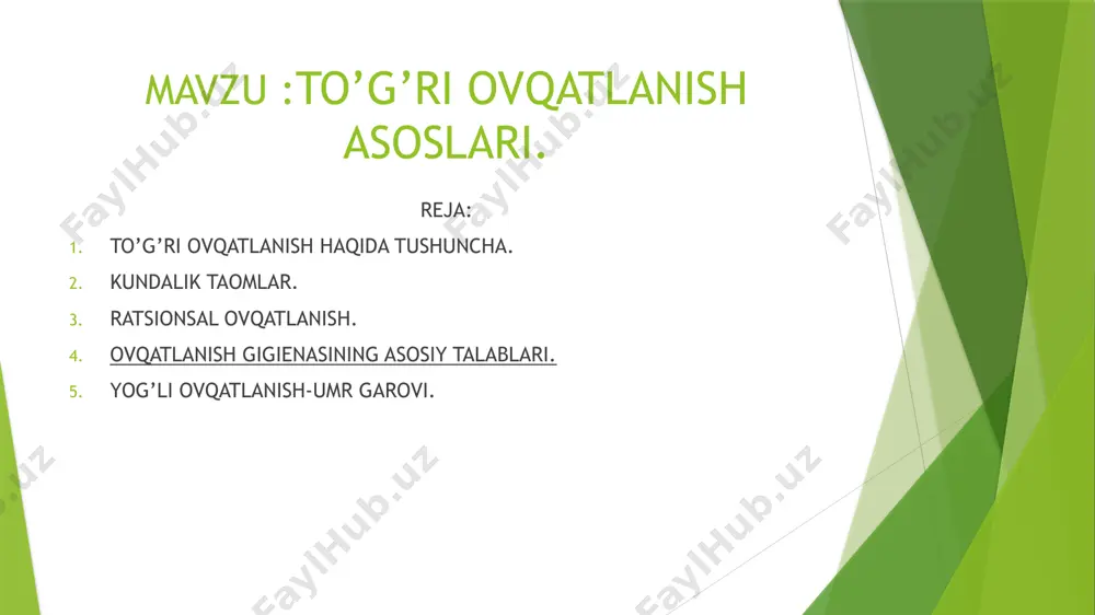 hqovoq, karam, sabzi, sholg‘om zahira qilish ulardan kundalik ovqatlanishda keng ko‘lamda foydalanish lozim. tartib muxim pala–partish, shosha-pisha to‘g‘ri kelgan paytda taomlanaverish keksa va qariyalarda hazm a’zolari faoliyatiga salbiy ta’sir qiladi. gap shundaki oshqozonga tushgan ovqat to‘liq ichaklarga o‘tib, yana ovqatlanish ishtiyoqi paydo bo‘lganida taomlanish kerak. aks holda, oshqozonda ovqat borligida yoki taomlanishga ishtaha bo‘lmasi turib ovqatlanilsa hazm a’zolarining odatdagi faoliyati buziladi (hazm qiluvchi shiralar tegishli tarkib va miqdorda ajralmaydi va boshqalar). doimo belgilangan muddatda (nonushta, tushlik, kechki ovqat) ovqatlanish vaqtga nisbatan shartli refleks hosil qiladi va shu paytga kelib ovqat qabul qilinmasada hazm shiralari ajralishi boshlanadi. ovqatni suzish uchun qilingan harakatlar, tovushlar (qoshiq, tovoq, cho‘mich, shovqini) bu jarayonni kuchaytiradi va yeyilgan ovqat benuqson yaxshi hazm bo‘ladi. bu borada buyuk abu ali ibn sinoning “vujud uchun eng zararli narsa me’dada ovqat yetilmasdan va hazm bo‘lmasdan turib yana ovqatlanishdir”, deganlarida katta hikmat bor. yog’li ovqatlanish-umr garovi. qo‘y, mol charvisi, miyasi, yog‘li go‘sht, …