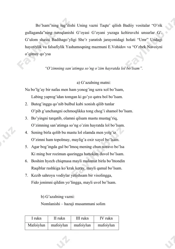 iror narsadan ta’sirlanib so’zlay olmay qolishlik; mustag’riq - g’arq bo’lgan, cho’mgan; uvol – ayb, gunoh. 2. bevaqt yo’q bo’lish: nest-nobud. g) baytlarning nasriy bayoni: nima bo’lar edi men (ham) bir nafasga yonog’ingdagi xol bo’lsam labing yaprog’idan tomgan asal qatralarga aylansam. tunlar sening bog’ingdagi gul shoxiga qo’nib xonish qilgan bulbul singari, tong chog’i g’unchalarni o’pib ochuvchi shabodaga aylansam. sening ismingni butun olamga tarqatib, shu olamni sening hidlaringga g’arq qilsam, shunday holatdan so’ng, o’zimning qilgan ishimga hayron bo’lib, tilim so’zlay olmay qolsa, sen bilan yolg’iz men shu so’zlay olmaydigan mast olamda qolsam, o’zimni ham topa olmay, xayolga aylansam ham mayliga. sening bog’ingda mening gul bo’lmog’ligim mumkin bo’lmasa, mayli qasringga devor bo’lishga ham ming marta roziman. mayli mening boshim malomat va bo’htonlardan chiqmasin, raqiblar qancha rashk qilmasin, men hammasiga qamaldagilardek chidayman. sahroyu vodiylarni kezay, sening visolingga yetishni o’ylab, sening vaslingga yetishim uchun jonimni fido qilishga ham tayyorman, garchi bevaqt o’lsam ham. d) g’azal …