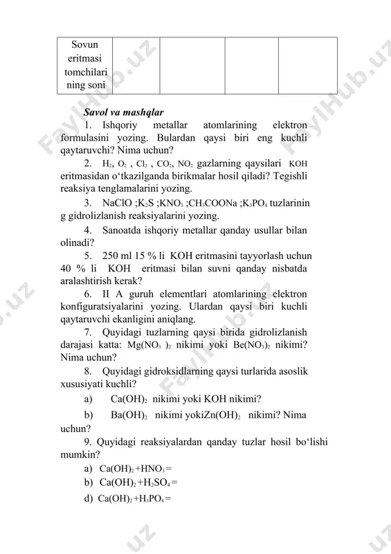 na2[be(oh)4]  na2[be(oh)4] e) l i  li2o lioh  licl lif 11. osh tuzining konsentrlangan eritmasini elektroliz qilganda 100 l turlicha gaz aralashmasi hosil bo‘lishi uchun necha gramm nacl reaksiyaga kirishishi kerakligini hisoblang. 12. 0,9 % li osh tuzi eritmasidan 10 l tayyorlash uchun (ρ=1 g/ml) necha gramm tuz va suv olish kerakligini hisoblang. 13. vaqtincha qattiqligi 2,86 m ekv/l bo‘lgan 10000 l suvni yumshatish uchun unga necha gramm ca(oh)2 qo‘shish kerak? 14. 1 l suvda 38 mg mg2+ va 108 mg ca2+ ionlari bo‘lsa, uning umumiy qattiqligini hisoblang.