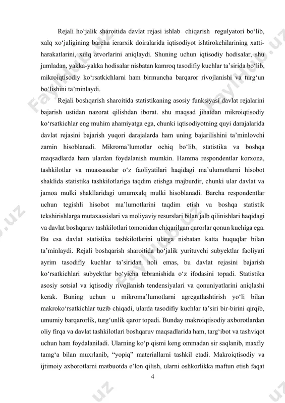 ar ta’siridan holi emas, bu davlat rejasini bajarish ko‘rsatkichlari subyektlar bo‘yicha tebranishida o‘z ifodasini topadi. statistika asosiy sotsial va iqtisodiy rivojlanish tendensiyalari va qonuniyatlarini aniqlashi kerak. buning uchun u mikroma’lumotlarni agregatlashtirish yo‘li bilan makroko‘rsatkichlar tuzib chiqadi, ularda tasodifiy kuchlar ta’siri bir-birini qirqib, umumiy barqarorlik, turg‘unlik qaror topadi. bunday makroiqtisodiy axborotlardan oliy firqa va davlat tashkilotlari boshqaruv maqsadlarida ham, targ‘ibot va tashviqot uchun ham foydalaniladi. ularning ko‘p qismi keng ommadan sir saqlanib, maxfiy tamg‘a bilan muxrlanib, “yopiq” materiallarni tashkil etadi. makroiqtisodiy va ijtimoiy axborotlarni matbuotda e’lon qilish, ularni oshkorlikka maftun etish faqat oliy firqa tashkiloti ixtiyoridagi huquqiy masala hisoblanadi. bozor iqtisodiyoti sharoiti uchun esa yuqorida zikr etilgan jihatlarning butun qarama-qarshi holati xarakterlidir. mikroma’lumotlar “tijorat siri” bo‘lib, makroaxborotlar esa barcha foydalanuvchilar uchun ochiq oshkoralikka ega. axborotlarni iste’mol qiluvchilar birgina hukmron firqa va davlat tashkilotlaridan iborat bo‘lmasdan, balki ular oppozittsion firqa va boshqa jamoa tashkilotlarini, bozor tuuilmalari – tijorat korxona va tashkilotlari, uyushmalar, …