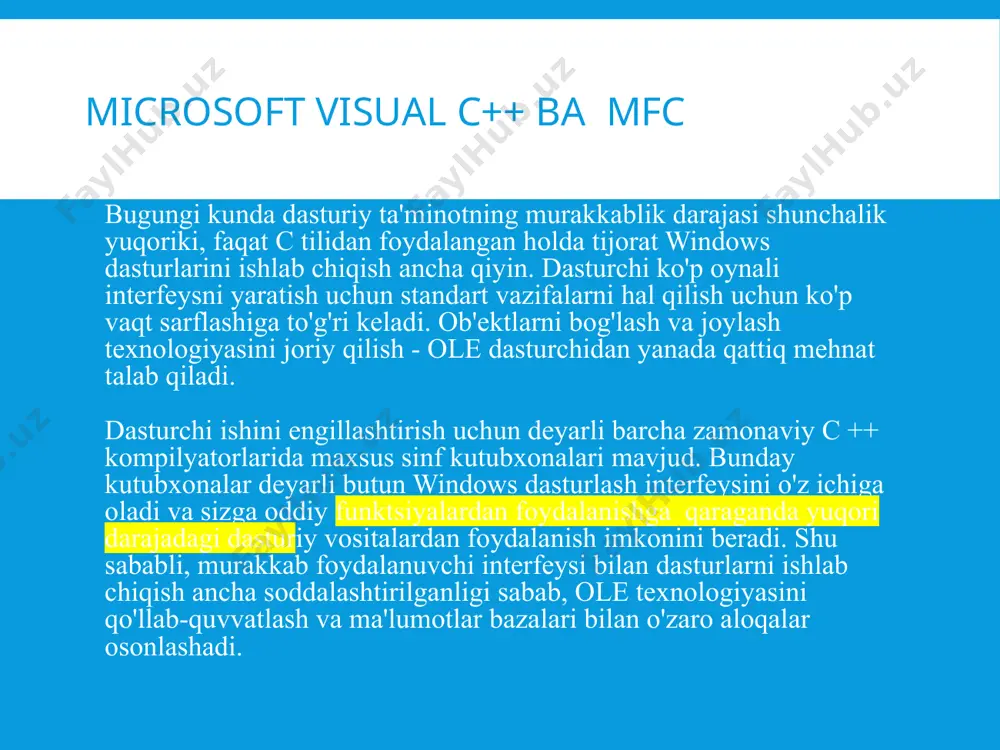 deb nomlangan. mfc appwizard-ning imkoniyatlari sizga bir necha daqiqada ole serveri va mijozi bilan ko'p oynali matn muharririni yaratishga imkon beradi. shu bilan birga, siz bitta matn satrini yozmaysiz va mfc appwizard tomonidan yaratilgan dasturning dastlabki kodi darhol tarjima qilinishi mumkin va bajariladigan dastur moduli foydalanishga tayyor. axborot tizimi(loyixa)ni yaratish . agar tizim biznesni axborot bilan ta'minlash yo'li bilan qo'llab-quvvatlasa, «axborot» tizimi deb ataladi tizimlarni yaratish jarayoni tizimlarning yaratilish davri (system development life cycle) deyiladi. tizimlar yaratilishi jarayonini bosqichlarga bo'lib, tizimlar yaratishda ma'lum metodlar ishlab chiqilgan. an'anaviy tizimlarni yaratish davri uslubi (uni yana “sharshara” modeli deb nomlashadi) quyidagi bosqichlardan iborat: тизим тергови тизим таҳлили тизим дизайни тизимни амалда яратиш тизим таъминоти 1. tizim tergovi bosqichida hal qilinadigan muammo aniqlanadi va uning texnik jixatdan amalga oshirilish imkoniyati o'rganiladi. bu yerda qo'yiladigan savol “muammo nimadan iborat va bu muammoni yechish mumkinmi?”. 2. tizim tahlili bosqichida “muammo yechilishi uchun axborot tizimi nima qilishi …