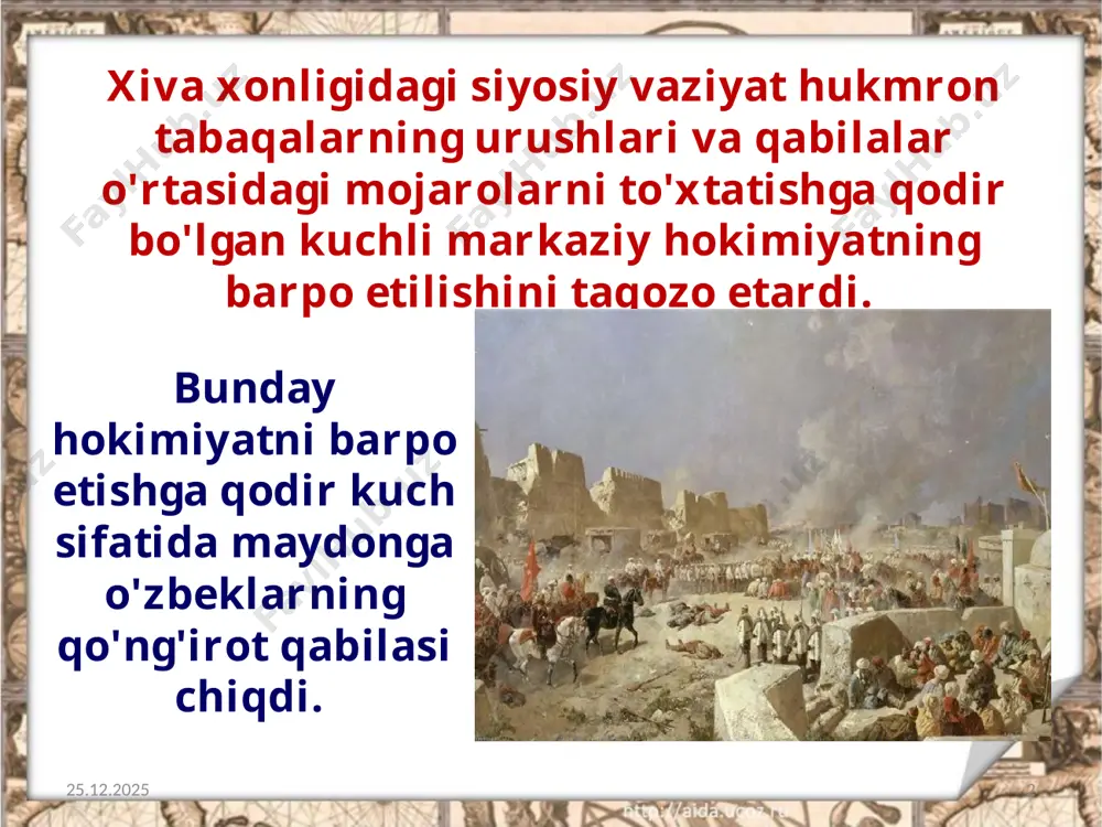 tgach taxtga uning ukasi muhammad rahim i o'tirdi. muhammad rahim i xiva xonligini siyosiy jihatdan birlashtirishga kirishdi. ayni paytda turkmanlarni bo'ysundirish masalasi yetakchi o'ringa chiqdi. muhammad rahim i bo'ysunishni istamagan yovmut qabilasi xurosonga ko'chib ketdi. biroq, eron hukumatining tazyiqi ostida, shuningdek, yaylov maydoni topitmaganligi uchun yana xiva xonligi hududiga qaytib keldi. 25.06.2020 9 muhammad rahimxon i o'zbeklar va turkmanlardan tuzilgan qo'shinga tayanib yirik zodagonlar qarshiligini sindirish uchun shiddatli kurash olib bordi. 25.06.2020 10 muhammad rahim 1 ga dushmanlik ruhidagi orolbo'yi zodagonlari guruhi qattiq qarshilik ko'rsatdi. 25.06.2020 11 1811-yilda uning ham qarshiligi sindirildi. qo'ng'irot shahri yakson qilindi. xiva xoni mustaqil bo'lib ajralib chiqqan qoraqalpoqlarni bo'ysundirishga kirishdi. 1812-1820-yillar oralig'ida qozoqlarning kichikjuz xonligi hududiga 2 marta hujum uyushtirildi. buning oqibatida, xonlik hududlarining yanada kengayishiga erishildi. 25.06.2020 12 1813-yilda shimoliy xurosonda joylashgan turkmanlarning takya qabilasi xiva xonligiga qaramligini tan olishga va belgilangan hajmda soliq to'lab turishga majbur etildi. muhammad rahimxon i bo'ysundirilgan qabilalar zodagonlarining …