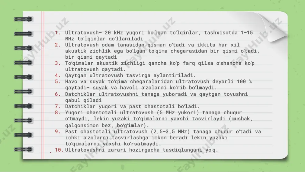 joyni toʻldirish uchun maxsus gellar qoʻllaniladi. gelning odatiy tarkibi: glitserin, natriy tetraborat, malein angidridli stirol kopolimeri, tozalangan suv. 01 umumiy ko’rinish ultratovushni ultratovush— 20 khz yuqori boʻlgan toʻlqinlar, tashxisotda 1—15 mhz toʻlqinlar qoʻllaniladi ultratovush odam tanasidan qisman oʻtadi va ikkita har xil akustik zichlik ega boʻlgan toʻqima chegarasidan bir qismi oʻtadi, bir qismi qaytadi toʻqimalar akustik zichligi qancha koʻp farq qilsa oʻshancha koʻp ultratovush qaytadi. qaytgan ultratovush tasvirga aylantiriladi. ultratovush funksional maqsadga qarab, qurilmalar quyidagi asosiy turlarga boʻlinadi: ets— exotomoskoplar (asosan homilani, qorin boʻshligʻi aʼzolarini va kichik tosni tekshirish uchun moʻljallangan qurilmalar); eks— exokardiyoskoplar (yurakni oʻrganish uchun moʻljallangan qurilmalar); ees— exoenceloscopes (miyani oʻrganish uchun moʻljallangan qurilmalar); eos— exo-oftalmoskoplar (koʻzni tekshirish uchun moʻljallangan qurilmalar). diagnostika maʼlumotlarini olish vaqtiga qarab, qurilmalar quyidagi guruhlarga boʻlinadi: c— statik; d— dinamik; k— kombinatsiyalashgan. ultratovush apparatlarining dastlabki tasnifi — t.n.ilyosov londonda r.ekenson qalqonsimon bez gormonlarini aniqlash uchun suyuqlik (yig‘malar) ishlab chiqqan. keyin gipofiz, tuxumdon gormonlari, fermentlar, …