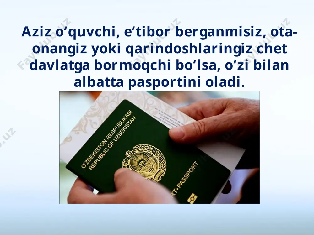 ovlarda ishtirok etsangiz, jamoat ishlarida faol qatnashsangiz, qonun talablarini qat’iy ado etsangiz, ongli fuqarolik fazilatlarini namoyon etgan bo‘lasiz. savol va topshiriqlar: 1. fuqarolik hissi deganda nimani tushunasiz? 2. fuqarolik tuyg‘usi bilan yashab, qahramonlik ko‘rsatgan insonlardan kimlarni bilasiz? 3. biz qurayotgan jamiyat nima uchun ongli fuqarolarga tayanadi? 4. ongli fuqaro bo‘lish uchun nima qilish zarur? image2.jpeg image3.jpeg image4.jpeg image5.jpeg image6.png image7.png image8.jpeg image9.jpeg image10.jpeg image11.jpeg image12.jpeg image13.emf image14.jpeg image15.jpeg image16.jpeg image17.emf image18.jpeg image1.jpeg