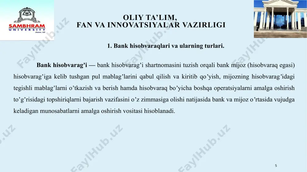vjud boʼlsa) toʼlov hujjatlari roʼyxatini kiritib, ushbu hujjatlar asosiy hisobvaraq ochayotgan bankka topshirilganligi haqida ikki nusxada dalolatnoma tuzadi. dalolatnomaga bank vakolatli xodimlarining imzolari va bank muhri qoʼyiladi. dalolatnomaning har ikki nusxasiga mijozning yuridik yigʼmajildidagi hujjatlar va 2-sonli kartotekadagi toʼlov hujjatlarining asl nusxalari ilova qilinib, pochta, felьdʼeger aloqasi yoki kurьer orqali asosiy hisobvaraq ochilayotgan bankka yetkazib beriladi. mijozning asosiy hisobvaragʼini boshqa bankka oʼtkazish tartibi 15 oliy ta’lim, fan va innovatsiyalar vazirligi аsosiy hisobvaraqni ochayotgan bank ushbu dalolatnomaga ilova qilingan hujjatlarni qabul qilib olgandan keyin mazkur dalolatnomaga ilova qilingan yuridik yigʼmajilddagi hujjatlar va 2- sonli kartotekadagi toʼlov hujjatlarining asl nusxalarini olganligini tasdiqlash uchun bank vakolatli xodimlarining imzolari va bank muhri qoʼyiladi. dalolatnomaning bir nusxasi pochta, felьdʼeger aloqasi yoki kurьer orqali asosiy hisobvaraq yopilayotgan bankka yetkazib beriladi. ushbu hujjatlarni hisobvaraq egasi yoki uchinchi shaxslar orqali berib yuborish qatʼiyan taqiqlanadi. mijozning asosiy hisobvaragʼini boshqa bankka oʼtkazish tartibi 16 oliy ta’lim, fan va innovatsiyalar vazirligi …