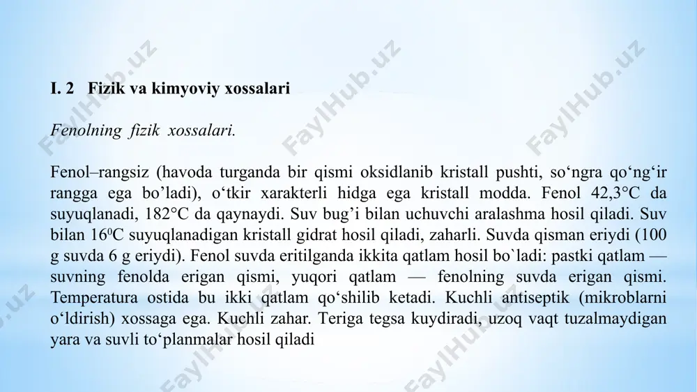ida vodorod bo‘shashishi hisobiga fenolning kislotalilik xossasini kuchaytiradi. fenol tuzilishini aniqlashning bir necha qator usullari mavjud. ulardan biri moddaning elektromagnitik nurlanishiga ta’siri orqali uning tuzilishini va tarkibini tekshirishimiz mumkin. zamonaviy kimyo tehnologiyalarida moddalarning sifat va miqdoriy tarkibi tekshiriladi. ulardan biri ularning spektrlari orqali tuzilishini tekshirish. maxsus asboblar orqali olingan moddaning spektrida uning yutilish chiziqlariga qarab modda tarkibi va tuzilishi o’rganiladi. quyida biz fenolning proton magnit rezonansi orqali olingan spektrlarini ko’rib chiqamiz. agar fenolning og’ir suv bilan aralashmasi spektri olinsa, vodorod atomlarining ko’plab spektrlari yo’qoladi. chunki, vodorod atomlar o’rniga deyteriy atomlar qatnashib u o’zining alohida yutilish chiziqlarini chizadi. moddaning tozalik darajasi uning spektrini aniqroq olshga yordam beradi. oldingi olingan spektrdan sezilarli darajada farq qiladi. chunki fenol tarkibidagi vodorod atomlarining yutilish chiziqlari alohida bo’lib ko’rinadi: bulardan ko’rinadiki, modda tarkibidagi bitta atomning o’zgarishi ham uning spekriga sezilarli darajada ta’sir ko’rsatadi. iii. foydalanilgan adabiyotlar ro’yhati karimov i.a. o'zbekiston xxi asr bo'sag'sida: xavfsizlikka tahdid, barqarorlik …