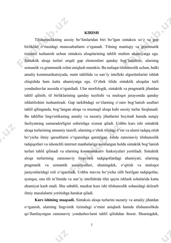 tik aloqa turlarini o‘rganish ilmiy jihatdan muhim ahamiyatga ega bo‘lib, bu borada turli tadqiqotlar amalga oshirilgan. sintaktik aloqalar gap bo‘laklari, so‘z birikmalari va ularning grammatik munosabatlarini o‘rganishga yo‘naltirilgan bo‘lib, bu sohada bir qator olimlarning hissasi katta. shavqiyeva maftuna salimboy qizi (2023) tomonidan olib borilgan tadqiqotda sintaktik aloqalar va ularning lingvistik tahlili keng o‘rganilgan. ushbu tadqiqotda sintaksis bo‘limi so‘zlarning birikishi natijasida so‘z birikmalari va gaplar hosil bo‘lish jarayonini o‘rganish muhimligi ta’kidlangan. bundan tashqari, u lingvistik tahlil usullari va sintaktik munosabatlarning turli ko‘rinishlarini yoritgan[footnoteref:1]. [1: shavqiyeva m. s. (2023). "sintaktik aloqalar hamda ularning lingvistik tahlili" – innovative development in educational activities.] nurmonov a. va sobirov a. (2013) o‘zbek adabiy tilining sintaktik tuzilishi, sintaktik munosabatlar va ularning shakllanish mexanizmlariga oid ilmiy qarashlarni ishlab chiqqan. ularning tadqiqotlari grammatik struktura va uning semantik yuklamalari bilan bog‘liq jihatlarni o‘z ichiga oladi[footnoteref:2]. [2: nurmonov a., sobirov a. (2013). "hozirgi o‘zbek adabiy tili". toshkent.] qudratov t. va nafasov …