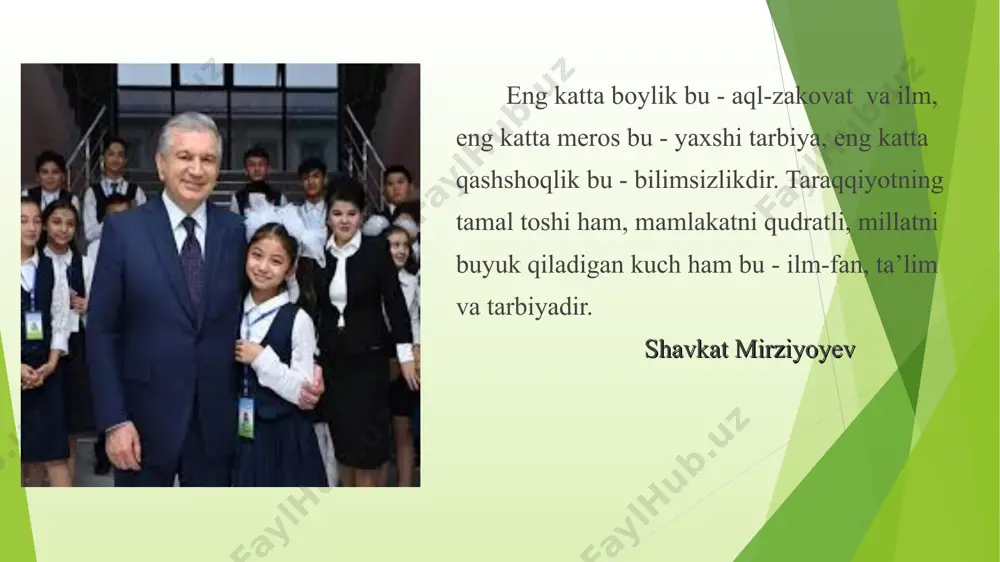 rish strategiyasi". – 2019-yil. internet manbalari: www.edu.uz, www.ziyonet.uz maqsad maktabdagi nomoddiy resurslardan samarali foydalanish orqali ta’lim sifatini oshirish va o‘quvchilarning intellektual rivojlanishini ta’minlash. innovatsion yondashuvlar orqali ta’lim jarayonini samarali tashkil etish. o‘quvchilarning ijodiy va tanqidiy fikrlash qobiliyatlarini rivojlantirish. yoshlarni yot g’oyalar ta’siridan himoya qilish, ularni milliy va umuminsoniy qadriyatlarga sodiqlik, diniy bag’rikenglik va millatlararo totuvlik ruhida tarbiyalash, ularda mafkuraviy immunitetni shaklantirish o‘qituvchilarning pedagogik mahoratini oshirish. nomoddiy resurslarning ta’rifi va turlari nomoddiy resurslar moddiy jihatdan ifodalanmaydigan, lekin ta’lim jarayonining samaradorligiga bevosita ta’sir qiluvchi omillar hisoblanadi. ular quyidagi turlarga bo‘linadi: inson kapitali – o‘qituvchilarning bilim va tajribasi, kasbiy mahorati. innovatsion metodlar – ta’lim jarayonida qo‘llaniladigan zamonaviy pedagogik texnologiyalar. axborot resurslari – internet, elektron darsliklar, ta’lim platformalari va interaktiv materiallar. psixologik muhit – maktabdagi ijtimoiy-psixologik holat, motivatsiya va psixologik qo‘llab-quvvatlash. ijtimoiy kapital – o‘qituvchi va o‘quvchilar, shuningdek, ota-onalar o‘rtasidagi hamkorlik. nomoddiy resurslardan samarali foydalanishning ahamiyati nomoddiy resurslardan to‘g‘ri foydalanish ta’lim sifatini oshirishga va …