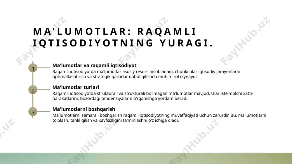 ivojlantirish va yangi xizmatlarni taqdim etish imkoniyatlari paydo bo'ladi, bu esa iqtisodiy o'sishga hissa qo'shadi. ma'lumotlar analitikasi: qaror qabul qilish jarayonida ahamiyati. 1 ma'lumotlar analitikasi ma'lumotlar analitikasi, katta ma'lumotlar to'plamlarini tahlil qilib, qaror qabul qilish jarayonida muhim rol o'ynaydi va strategik rejalashtirishni ta'minlaydi. 2 qaror qabul qilish ma'lumotlar analitikasi yordamida korxonalar, bozor tendensiyalarini aniqlab, qarorlarda xatoliklarni kamaytiradi va raqobatbardoshlikni oshiradi. 3 misollar va natijalar misol sifatida, kompaniyalar ma'lumotlar analitikasi orqali mijozlar xulq-atvorini o'rganib, marketing strategiyalarini muvaffaqiyatli yangilash imkoniyatiga ega bo'ladi. ma'lumotlarni himoya qilish: xavfsizlik muammolari va yechimlar. 01 ma'lumotlar xavfi raqamli iqtisodiyotda ma'lumotlar xavfi ko'plab muammolarni keltirib chiqaradi, jumladan, ma'lumotlar o'g'irlanishi va shaxsiy ma'lumotlarning oshkor qilinishi. 02 xavfsizlik yechimlari ma'lumotlarni himoya qilish uchun zamonaviy shifrlash texnologiyalari va xavfsizlik devorlari qo'llaniladi, bu esa ma'lumotlar xavfsizligini ta'minlaydi. 03 o'zbekistondagi holat o'zbekistonda raqamli iqtisodiyotning rivojlanishi bilan birga, ma'lumotlarni himoya qilishga alohida e'tibor berilmoqda, lekin muammolar hali ham mavjud. o'zbekistondagi raqamli iqtisodiyotda ma'lumotlardan foydalanish …
