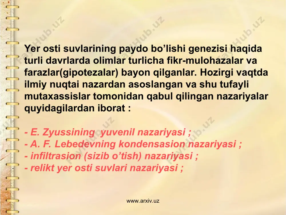 g’ining yuza qismi yer osti suvlarining taqsimlanishiga qarab ikki zonaga – aerasiya va to’yinish zonalariga bo’linadi. aerasiya zonasida tog’ jinslari g’ovaklari suv bilan to’la qoplanmagan bo’lib, u yerda atmosfera havosi mavjud bo’ladi. to’yinish zonasida esa tuproq va tog’ jinslari bo’shliqlari suv bilan to’lgan bo’ladi. www.arxiv.uz www.arxiv.uz yer yuzasiga yaqin bo’lgan tuproq qatlamida joylashgan va odatda mavsumiy ravishda bo’ladigan suvlar tuproq suvlari deb ataladi. bunday suvlarning asosiy manbai yog’in-sochin hamda atmosferadagi namlikdir. shuning uchun ham ular yilning namlik ko’p bo’lgan mavsumlaridagina hosil bo’ladi. tuproq suvlari boshqa yer osti suvlariga qaraganda anchagina yuqorida joylashgan va ulardan suvsiz yoki sal nam qatlam-aerasiya zonasi bilan ajralgan bo’ladi. aerasiya zonasi yer osti suvlarini yer yuzasidan pastki qatlamlarga va pastki qatlamlardan yer yuzasiga bug’ shaklida o’tkazib turadi. tuproq suvlaridan pastda joylashgan suv qatlami grunt suvlari deb nomlanadi. grunt suvlari suv o’tkazmaydigan qatlamning ustida yig’iladi va odatda qum hamda shag’al qatlami orasida sizib yuradi. bu yerga yer …