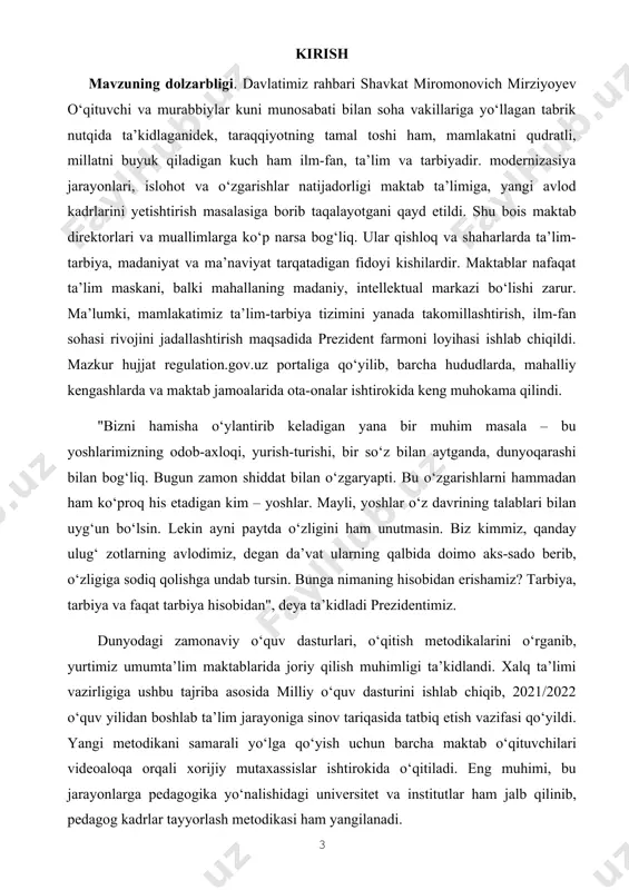 sodiq qolishga undab tursin. bunga nimaning hisobidan erishamiz? tarbiya, tarbiya va faqat tarbiya hisobidan", deya ta’kidladi prezidentimiz. dunyodagi zamonaviy o‘quv dasturlari, o‘qitish metodikalarini o‘rganib, yurtimiz umumta’lim maktablarida joriy qilish muhimligi ta’kidlandi. xalq ta’limi vazirligiga ushbu tajriba asosida milliy o‘quv dasturini ishlab chiqib, 2021/2022 o‘quv yilidan boshlab ta’lim jarayoniga sinov tariqasida tatbiq etish vazifasi qo‘yildi. yangi metodikani samarali yo‘lga qo‘yish uchun barcha maktab o‘qituvchilari videoaloqa orqali xorijiy mutaxassislar ishtirokida o‘qitiladi. eng muhimi, bu jarayonlarga pedagogika yo‘nalishidagi universitet va institutlar ham jalb qilinib, pedagog kadrlar tayyorlash metodikasi ham yangilanadi. o‘zbekiston respublikasining qonuni “ta’lim to‘g‘risida” qonunda nazarda tutilganidek -tarbiya — aniq maqsadli hamda ijtimoiy-tarixiy tajriba asosida yosh avlodni har tomonlama kamol toptirishga, ularning ongini, ma’naviy-axloqiy qadriyatlar va dunyoqarashini shakllantirishga qaratilgan tizimli jarayon; -ta’lim — ta’lim oluvchilarga chuqur nazariy bilim, malakalar va amaliy ko‘nikmalar berishga, shuningdek ularning umumta’lim va kasbiy bilim, malaka hamda ko‘nikmalarini shakllantirishga, qobiliyatini rivojlantirishga qaratilgan tizimli jarayon; -ta’lim kampusi — yagona …