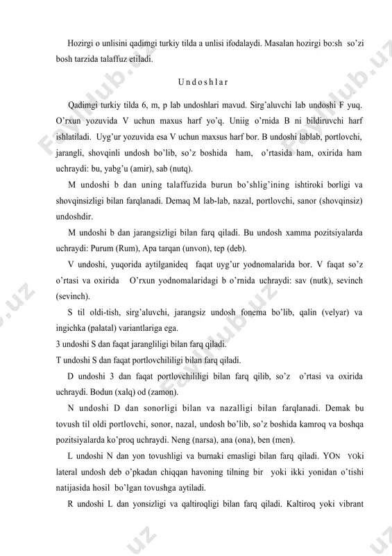 ’g’iz undosh h yo’q. singarmonizm. singarmonizm deb so’zdagi tovushlarning bir-biriga hamda o’zakka qo’shimchalarning talaffuz jihatdan uyg’unlashishiga aytiladi. qadimgi turkiy tilda singarmonizmning ikki qonuni mavjudligi aniq: 1) tanglay uyg’unligi yoki palatal attraksiya; 2) lab uyg’unligi yoki labial attraksiya tanglay uyg’unligi - so’zdagi tovushlarning bir-biriga va qo’shimchalarning o’zakka qatorda va qalin-ingichkalikda moslashuvidir: qag’anqa ( hoqonga) kimke (kimga) ilgeru (oldinga) og’o’zg’aru (o’g’uzga) barig’ (borish) bilig (bilim) lab uyg’unligi - biriichi bo’g’indagi unliga keyingi bo’g’indagi unlining yoki o’zakdagi unliga qo’shimchadagi unlining lablanish jihatdan moslashuvidir. ishig (ishni) kuchug (kuchni) inim (ukam) kozum (ko’zim) elemiz (davlatimiz) sumuz (lashkarimiz) qadimgi turkiy tilda nutqning tovushdan boshqa fonetik bo’laklari, urg’u va intonatsiya hozirgi turkiy tillarnikidek o’zgacha bo’lganligini ko’rsatuvchi dalillar yo’q. singarmonizm hodisasi xozirgi bir guruh turkiy tillarda to’la aks etgan bo’lsada, hozirgi bir guruh turkiy tillarda kuchsizroq xususiyatga ega. turkiy tillarda singarmonizm qonuni mavjudligiii birinchi bo’lib xi asrdayoq m.qoshg’ariy tasdiqlagan. u turkiy so’zlarning o’zak harakteriga qarab qattiq o’zakli so’zlarga …