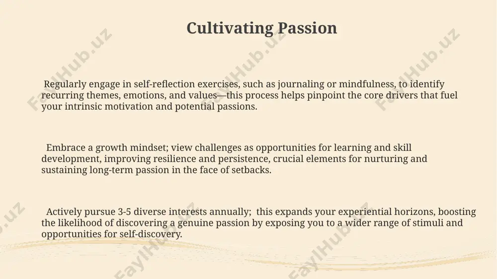 daptability rate, using feedback and challenges as catalysts for skill enhancement and innovation. passionate individuals often leverage the "power of 5" – identifying 5 key obstacles, prioritizing them based on impact, and strategically tackling them one by one, increasing their success rate by approximately 20%. passion and purpose passion fuels intrinsic motivation, leading to 3x higher levels of job satisfaction and a 15% increase in productivity compared to individuals driven solely by external rewards, according to recent studies on employee engagement. aligning personal passions with professional purpose fosters a synergistic effect, resulting in up to a 40% increase in creativity and innovation, as evidenced by studies in entrepreneurial ventures and artistic endeavors. individuals with a clear sense of purpose experience significantly lower rates (approximately 20-30%) of burnout and demonstrate greater resilience during challenging periods, enhancing both mental and physical well-being. thank you for your attention @taqdimot_robot