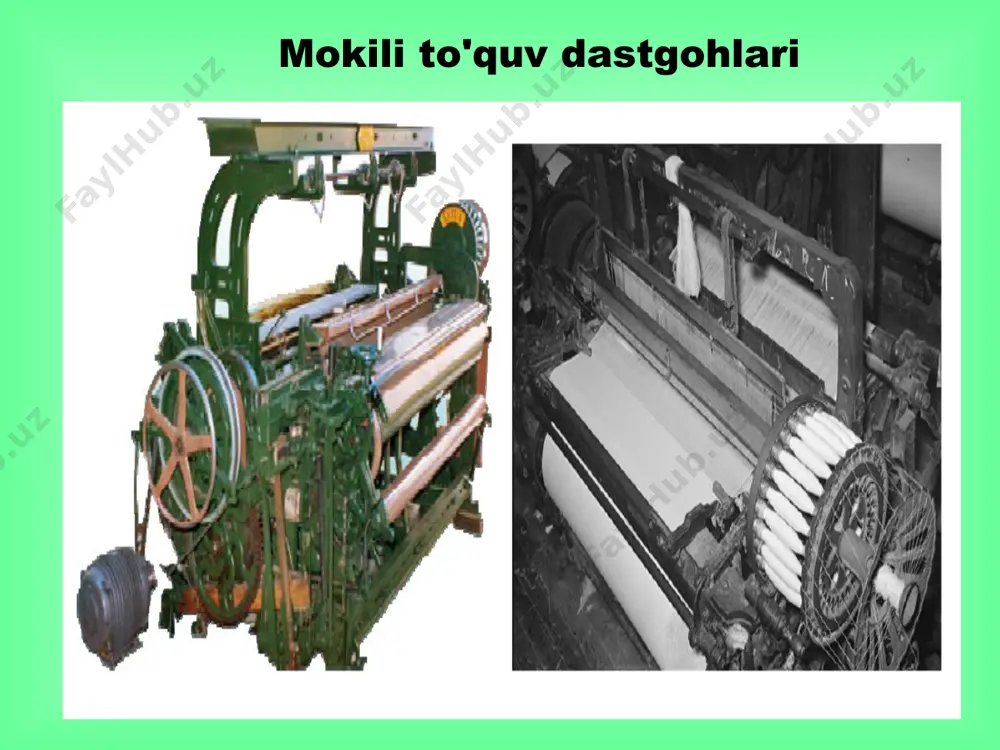atadi. * таълим ма+садлари mokisiz arqoq tashlash usullari va afzalligi. mokisiz to'quv dastgohlaridan foydalanish quyidagi afzalliklarni beradi: 1. yaxshi va sifatli to'qima ishlab chiqariladi. 2. ishlab chiqarish unumdorligini yuqoriligi. 3. doimiy va ishonchli ishlashni ta'minlanadi. 4. dastgohlarni universalligi. 5. dastgohni assortiment imkoniyatlarini yuqoriligi. 6. enli va texnik to'qimalar ishlab chiqarish imkoniyatiga egaligi va x.k.z. * таълим ма+садлари * barcha mokisiz to'kuv dastgohlari quyidagi umumiy xususiyatlarga ega: − yuqori tezlik; − ishchi enini kattaligi; − elektronli boshqariluvchi tanda ipini taranglash va bo'shatish, to'qima tortish va uni o'rash mexanizmlari; − xomuza hosil qilish sistemasi-kulachokli, karetkali, jakkardli (mexanikaviy va elektronli); − arqoq ipi harakatini elektronli nazorati; − tanda ipi uzilganda elektronli nazorati; − uzilgan arqoq ipini joyini (xomuzasini) avtomatik topish; − tez almashtirish tizimi (qsc); − sonli (digital) displey orqali mikroprotsessorli nazorat tizimi; − dastgohda shovqin va titrashni kamligi; − arqoq to'plagich orqali arqoq ipi tarangligini erkin uzatilishini ta'minlash; − moylash tizimini mikroprotsessorli …