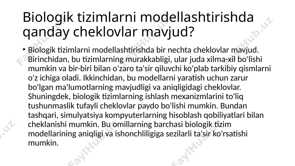 lan, tizimning xatti-harakatlariga ta'sir qiluvchi barcha omillar hisobga olinmasa, modellar etarlicha aniq bo'lmasligi mumkin. bundan tashqari, matematik modellarni ishlab chiqish qiyin bo'lishi mumkin va ko'p vaqt va resurslarni talab qiladi. bundan tashqari, samarali modellarni yaratish uchun matematika va dasturlash bo'yicha etarli bilimga ega bo'lish kerak. matematik modellashtirish uchun qanday dasturiy vositalardan foydalaniladi? matematik modellashtirish-bu tizimning xatti-harakatlarini o'rganish uchun matematik modellarni yaratish jarayoni. matematik modellashtirish uchun ishlatiladigan ko'plab dasturiy vositalar mavjud. ulardan ba'zilari quyidagilarni o'z ichiga oladi: . matlab-bu raqamli hisoblash, vizualizatsiya va dasturlash uchun yuqori darajadagi til va rivojlanish muhiti. . wolfram mathematica-bu matematik modellarni yaratish, ma'lumotlarni tahlil qilish va raqamli tajribalarni o'tkazish imkonini beruvchi ilmiy hisoblash uchun integratsiyalashgan muhit. . comsol multiphysics-bu muhandislik va fandagi fizik jarayonlarni modellashtirish va simulyatsiya qilish uchun dasturiy ta'minot. . ansys-bu qattiq jismlar mexanikasi, issiqlik uzatish va suyuqlik dinamikasi kabi fizik jarayonlarni modellashtirish uchun ishlatiladigan amaliy dasturlar to'plami. . openfoam-bu suyuqlik oqimi va issiqlik …