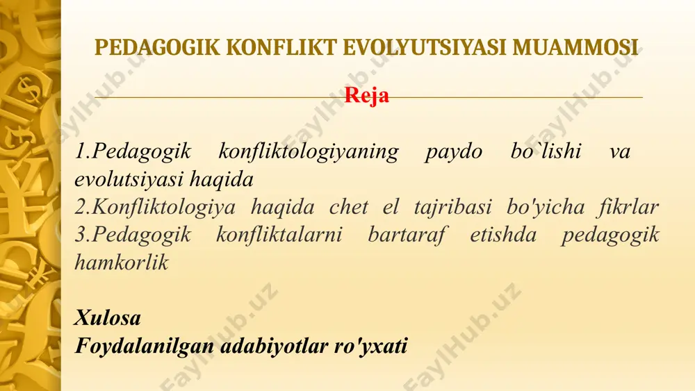 tish yo`l va usullarini qidiramiz. konflikt ijtimoiy xodisa ekanligi haqida. konflikt rivojidan har bir inson, yaqin qarindoshlar, mehnat jamoasi o`rtasidagi tinch va totuvlikka asoslangan osuda hayot tarzi zarar ko`rishi mumkinligi haqida ma`lumot berish. pedagogik konflikt – pedagogik jarayonda shaxslararo munosabatlarning keskinlashuvi natijasi sifatida yuzagi keluvchi muammoli vaziyatdir. pedagogik konfliktlarning quyidagi shakllari yuzaga keladi: 3. o`qituvchi-o`qituvchi. 2.talaba-o`qituvchi 1. talaba-talaba; 5 konfliktologiya, yoki konfliktlar yechimi sohasi yangi rivojlanib kelayotgan va taraqqiy etayotgan fan sohalaridan biri bo'lib hisoblanadi. shu bois, konfliktologiya sohasining nazariy asoslari, uning milliy xususiyatlari, ijtimoiy o'ziga xosliklari, konfliktlarning jamiyat hayoti bilan aloqadorligi, shaxslararo konfliktlar, konfliktlarning huquqiy aspektlari, mehnat jamoasidagi konfliktlar masalalari ko'pchilik tadqiqotchilarni qiziqtiradi. konfliktologiya haqida chet el tajribasi bo'yicha fikrlar ko'rinib turibdiki, konfliktologiyaning o'z ichki yo'nalishlari ko’p. konfliktologik kayfiyat va xususiyatlarni o'rganish jamiyatdagi inqirozlarning kelib chiqishi va ijtimoiy to'qnashuvlarning oldini olishga ko'mak beradi. ammo bu sohadagi tadqiqotlar unchalik ko'p bo'lmay, mazkur qo'llanmani yozishda konfliktologiya asoslari bo'yicha ingliz, rus va …