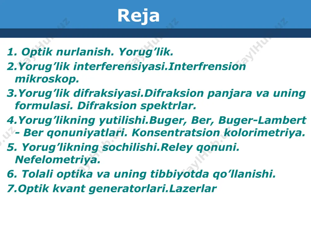 lik muhitlar chegarasidan to’liq qaytadi.bu hodisa to’la ichki qaytish hodisasi deyiladi.yorug’lik va tasvirni yorug’lik o’tgazgichlari bo’yicha uzatish tolali optika deyiladi,u ichki qaytish hodisasiga asoslangan.yorug’lik sindirish ko’rsatgichi kichik bo’lgan modda bilan o’ralgan shaffov tolaga kirgach, ko’p marta qaytadi va tola bo’ylab tarqaladi. tolali optika tibbiyotda ichki organlarning – oshqozon,to’g’ri ichak va h.k. larni tekshiruvchi apparatlarda qo’llaniladi. bu asbobni endoskop deyiladi. yorug’lik dispersiyasi modda sindirish ko’rsatgichini chastotaga yoki yorug’lik to’lqin uzunligiga bog’liqligi hodisasiga yorug’lik dispersiyasi deyiladi. n=c/v – bunda v=ln  bilan yoki lbilan yorug’lik tezligi kamayadi. shunga mos ravishda n ortadi. yorug’lik muhitlardan o’tganda monoxromatik to’lqinlarga ajralishi yorug’lik dispersiyasi deyiladi.oq yorug’lik tarkibiga kiruvchi rangli nurlarni to’plami spektr deyiladi. golografiya bu to’lqinlar interferensiyasi va difraksiyasi asosida tasvirni yozish va tiklash usulidir.golografiya g’oyasi dastlab 1948-yilda d.gabor tomonidan tavsiya etilgan. golografiyada nafaqat amplituda balki to’lqinlarning fazalari ham qayd qilinadi. (fotografiyada faqat to’lqinlarning amplitudasi qayd qilinadi) fazani qayd qilish to’lqinlar interferensiyasi orqali amalga oshiriladi. golografiyada …