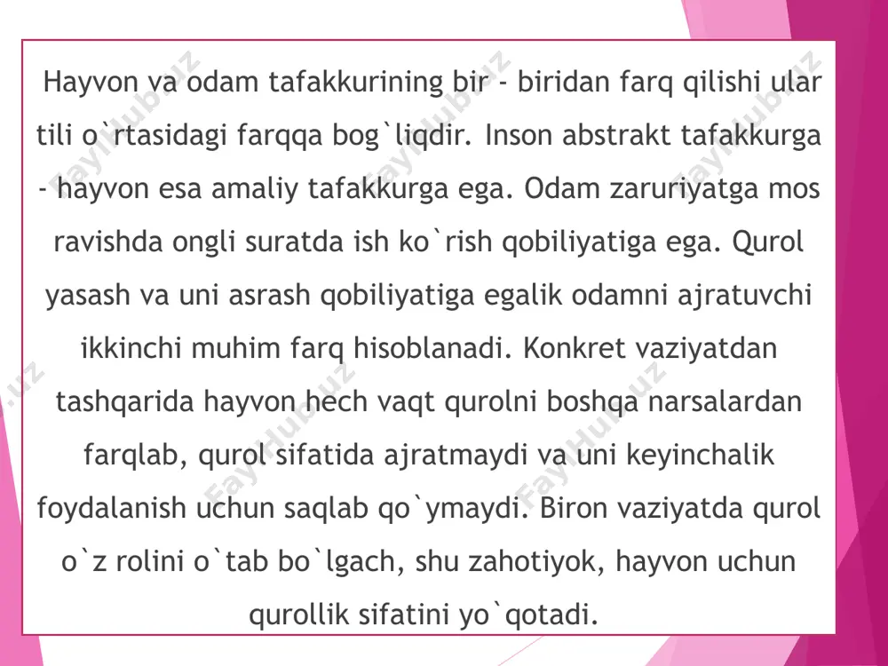 a ichki plan (sistema) shakllanadi. ong bu, bevosita subyektga ochiladigan olam manzarasidir, unda subyektning o‘zi ham, shuningdek, uning faoliyati va holati ham kiradi deb hisoblaydi leontev. dastlab ong faqatgina subyektga atrofidagi olamni ochib beradigan psixologik ong va psixik rivojlanish sifatida qaraladi; keyingi bosqichlarda faoliyat ongning predmetiga aylanadi, bu bosqichda boshqa insonlaming harakatlarini, ulardan kelib chiqib esa subyekt o‘zining shaxsiy harakatlarini anglay boshlaydi. natijada aql-idrokimizdagi, «rejalashtirilgan ong»dagi ichki harakatlar vujudga keladi. ongning dastlabki xususiyatlari - bu idrok qilish va insonning bolalik vaqtidagi o‘zining shaxsiy harakatlari natijasida paydo bo‘lgan kechinmalaridir. asta-sekin nafaqat harakat ta’siri, shuningdek, bolaning faoliyat jarayoni ham anglab yetiladi. ongning o‘ziga xos rivojlanishida inson alohida harakatlami bajarishidan, bir maqsadga qaratilgan, rejalashtirilgan faoliyatga o‘tadi. shu holda, sergaklikning butun holati yaxlit “ong oqimi” yuzaga ke­ladi, bu bir faoliyatdan boshqa bir faoliyatga o‘tishini anglatadi. foydalanilgan adabiyotlar a.k.shamshetova, r.n.melibayeva, x.e.usmanova, i.o.xaydarov. umumiy psixologiya. 0o‘quv qo‘llanma. т.: «barkamol fayz media», 2018 - 272 b. 2. …