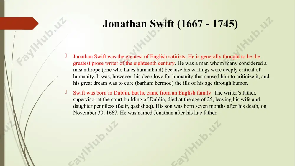 728 stella died after a long illness. this loss affected swift deeply. jonathan swift (1667 - 1745) conditions in ireland between 1700 and 1750 were disastrous (halokati). famine (ocharchilik) depopulated whole regions. some areas were covered with unburied corpses (jasad). swift wrote the pamphlets: “the present miserable state of ireland”, “a modest proposal for preventing the children of poor people from being a burden to their parents or the country” and others. hard work and continuous disappointments (umidsizlik) in life undermined swift’s health. by the end of 1731 his mind was failing rapidly. in 1740 his memory and reason were gone and he became completely deaf. he died on the 19th of october 1745, in dublin. during all his hard later years of a mental decline his friends stayed loyal to him. the irish people continue to this day to celebrate him as a hero. the generosity of spirit (ruxiy …