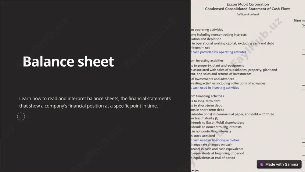 s due. non-current liabilities long-term obligations that will not be due within a year, such as loans or bonds. more about liabilities liabilities can be classified as current or non-current, and can include both financial and non-financial obligations. 7 equity section of a balance sheet share capital the amount paid by shareholders in exchange for shares of the company's stock. retained earnings the portion of a company's profits that are not distributed as dividends but are retained for future use. other reserves reserves other than retained earnings that are set aside for a specific purpose. 8 interpreting a balance sheet 1 ratios 📈 useful ratios can be calculated using information from the balance sheet, such as the debt-to-equity ratio or current ratio. 2 trends 📊 compare current and past balance sheets to identify trends and changes in a company's financial position. 3 qualitative analysis 🕵️‍♀️ consider non-financial factors that can …