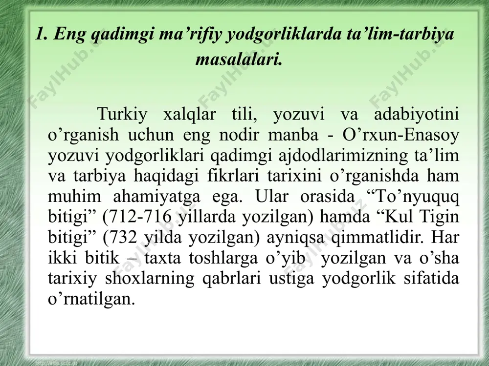 ligi qadimgi turk davrida katta adabiy muhit bo’lganidan dalolat beradi. shu boisdan yozma adabiyot ma’lum bir yo’nalishga tushib olgan edi deb taxmin qilishimiz mumkin. qadimgi turkiy yozma yodgorliklar o’rxun alifbosidan tashqari, uyg’ur yozuvida, qisman manaviy, braxmon, sug’d va suryoniy yozuvlarida ham bitilgan. qadimgi turkiyning o’rxun yozuvida bitilgan yirik namunalari quyidagilardir. kul tigin bitigtoshi, bilga hoqon bitigtoshi, to’nyuquq bitigtoshi, kuli chur bitigtoshi. kuli chur bitigtoshi arxeolog v.l.kotvich tomonidan 1912 yilda mo’g’ulistonda ulan-bator yaqinidagi ixe-xushotu manzilidan topilgan. bitigtoshning balandligi bir metr, qalinligi to’qson santimetr bo’lgan marmar toshga yigirma to’qqiz satr yozilgan. bitigtoshning chetlari nurab ketgan. matnni birinchi bo’lib sharqshunos olim a.n.samoylovich tarjima qilgan. bitigtosh bilga hoqon va to’nyuquqning zamondoshi hamda tardush xalqining yo’lboshchisi kuli churga bag’ishlangan. bitigtoshda kuli churning tabg’achlar, arablar, to’quz o’g’uzlar, qarluqlar bilan qilgan janglari va turli yurishlari tasvirlangan. kuli churning vafot etgan yili bitigtoshda ko’rsatilmagan, faqat sakson yil yashaganligi aytib o’tilgan. qadimgi madaniy boyliklarimizni o’rganish usullari. arxeologik qazilmalar natijasida …