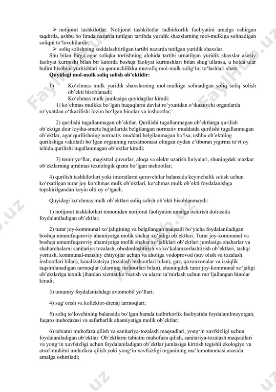 adi. shuningdek, mol-mulk solig‘i daromad va mulk taqsimotidagi nomutanosiblikni bartaraf etishning muhim vositasi hisoblanadi. yuridik shaxslardan olinadigan mol-mulk solig‘ining davlat byudjeti daromadlari tarkibidagi ulushi yuqori salmoqqa ega emas. hozirgi vaqtda ushbu soliqning tushumi o‘zbekiston respublikasi davlat byudjetining soliqli daromadlarida 2,3-4,5 foiz oralig‘ini tashkil etmoqda (1-jadvalga qarang). 1-jadval o‘zbekiston respublikasi davlat byudjeti daromadlari tarkibida yuridik shaxslardan olinadigan mol-mulk solig‘inining ulushi, (foizda)[footnoteref:3] [3: aaoʻzbekiston respublikasi davlat soliq qoʻmitasining maʼlumotlari asosida tuzilgan.] ko‘rsatkichlar yillar 2013 2014 2015 2016 2017 davlat byudjeti daromadlarida jami soliqlar tushumi 100 100 100 100 100 jami davlat byudjeti daromadlarida mol-mulk solig‘ining ulushi 2,6 4,4 5,1 4,2 4,5 shu jumladan, yuridik shaxslardan olinadigan mol-mulk solig‘ining ulushi 2,3 3,9 4,7 3,9 4,5 jami mulkiy soliqlar tushumida yuridik shaxslardan olinadigan mol-mulk solig‘ining ulushi 86,0 90,1 92,6 92,3 92,8 yuridik shaxslardan olinadigan mol-mulk solig‘ining mahalliy byudjetlar daromadlaridagi ulushi 7,1 7,7 7,9 7,8 7,8 jadval ma’lumotlariga ko‘ra jami mulkiy soliqlar tushumida yuridik shaxslardan …