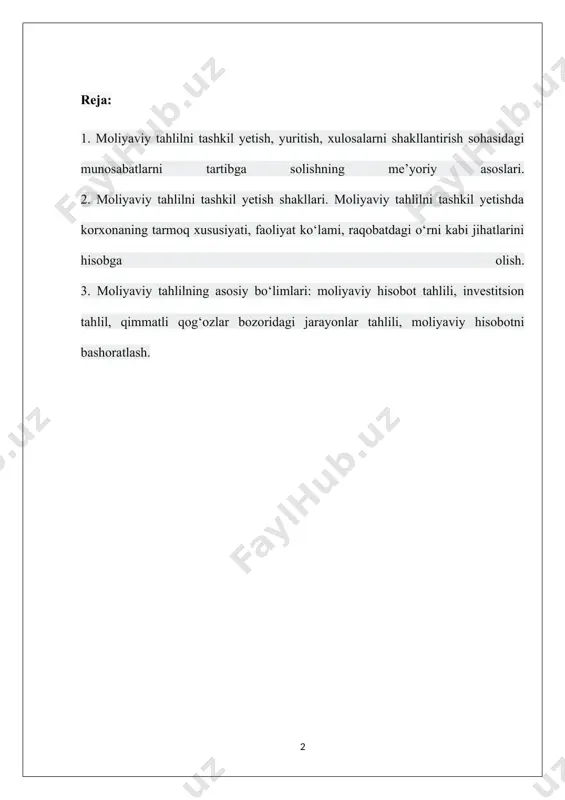 atlar tahlili; - moliyaviy barqarorlik tahlili; - to‘lov layoqati va likvidlik tahlili; - ish va bozor aktivligi tahlili; - pul oqimlarining tahlili; - xususiy kapital tahlili; - foyda va zararlar tahlili; - debitorlik va kreditorlik qarzlari tahlili; - innovatsion mahsulot va faoliyat tahlili; - investitsion faoliyat tahlili; - soliq to‘lovlari va majburiyatlar tahlili; - logistik tahlil va h.k. xo‘jalik yurituvchi subyekt faoliyatiga baho berish va tahlil yetishda bir qator analitik jarayonlar amalga oshiriladi. bu jarayonlarning asosiy manbasi sifatida buxgalteriya (moliyaviy) hisoboti ma’lumotlari olinadi. biznesdagi holat va uning kelgusidagi rivojini prognozlash yuzasidan‚ shuningdek, statistik, makroiqtisodiy va tarmoq ko‘rsatkichlarining qiyosiy tahlili ham amalga oshiriladi. shu bilan bir qatorda xo‘jalik yurituvchi subyektlarda bu borada tahlil boshqaruvning yeng muhim dastagi sifatida qaraladi. xo‘jalik yurituvchi subyektlar faoliyatini baholashda moliyaviy tahlildan foydalanish albatta: xo‘jalik yurituvchi subyektlarning moliyaviy hisobotlarini tuzish va ularga tushuntirishlar berishda; moliyaviy holatini baholashda; iqtisodiy nochorlik (bankrotlik)ka qarshi boshqaruv hisobotini tayyorlashda; biznesini restruktarizatsiya qilishda; …