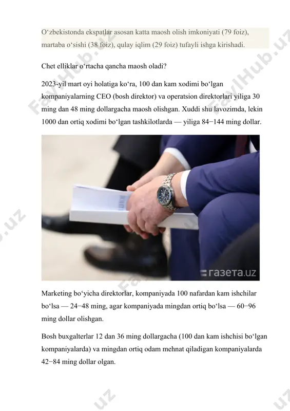 shtirishda ko‘rishmoqda. o‘zbekiston uchun donor davlatlar rossiya va qozog‘iston (kamroq darajada) bo‘lib qolaveradi. ekspatlar tomonidan o‘zbekistonga qiziqish, tadqiqot mualliflarining fikricha, 2022-yilga nisbatan pasayadi, biroq ularning narxi oshadi. buning sababi shundaki, ekspatni maksimal samarali “ekspluatatsiya qilish”ni o‘rgangan kompaniyaning yutug‘i yollashga ketadigan xarajatlardan ancha yuqoriroq. buni biznes ham tushunadi. so‘rovnomada ishtirok etgan ekspatlarlarning 66 foizi shartlar yaxshilansa, shartnomani uzaytirishga tayyor. avvalo, bu ish haqining o‘zgaruvchan qismining batafsil miqdori ko‘rsatilgan aniqroq yozma shartnomaga tegishli. respondentlarning 18 foizi amaldagi shartnoma uzaytirilmasa, o‘zbekistonda yangi ish beruvchi bilan qolishga tayyor. taqqoslash uchun, 31 foizi bunday sharoitda ketishga qaror qilgan. hamkorlik samaradorligini oshirish uchun talentlab mahalliy korxonalarga “ekspat sehrgar emas, balki muayyan muammolarni hal qila oladigan, lekin hamma narsani bir zumda yaxshilay olmaydigan professional” ekanligini tan olishni tavsiya qiladi. bundan tashqari, aniq maqsadlar qo‘yish va “buni yaxshi bajaring” kabi formulalardan voz kechish muhimdir. tadqiqotchilar mehnat shartnomasini tuzishdan oldin chet elliklar uchun sinov haftasini joriy etish zarur, deb …
