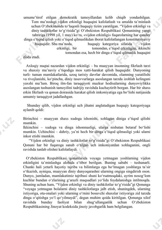ga muvofiq ravishda rivojlanishga haqlidir. ifodali qilib aytganda, qonun barcha boshqa sohalarni me’yorga solib turgani kabi diniy vaziyat evolyusiyasi ham, hech qanday chekinishlarsiz, unga bo‘ysunishga majbur. bu ish demokratiyaning asosiy tamoyillaridan bo‘lgan vijdon erkinligi, xususan, e’tiqod erkinligini chegaralash hisobiga qilinmaydi, albatta. aksincha, azal-azaldan demokratik jamiyatning bosh mezoni bo‘lib kelgan qonun ustuvorligini ta’minlash orqali amalga oshiriladi. “diniy vaziyat evolyusiyasini boshqarish” haqidagi tezis, eng avvalo, dunyoviy- ma’rifiy davlat va jamiyat qurilishi jarayonida diniy omilga ajratilgan konstitutsiyaviy o‘rinni qonuniy vositalar bilan ta’minlashni nazarda tutadi. o‘zbekiston davlatining dunyoviylik, diniy bag‘rikenglik, barcha dinlarga bir xilda munosabat, jamiyat taraqqiyotida din bilan hamkorlik qilish xususiyatlari ana shu tamoyil asosida amalga oshiriladi. chunki dunyoviy-ma’rifiy davlatda diniy e’tiqodi va dunyoqarashidan qat’i nazar, siyosiy xohishlarini bildirishda barcha fuqarolarning teng ishtiroki tamoyiliga rioya qiladi. dunyoviylik tuyg‘ulari alohida shaxs va ijtimoiy institutlar darajasida namoyon bo‘lib boradi. dunyoviylik demokratik taraqqiyot yo‘lini tanlagan har qanday mamlakat hayotini tashkil etishning bosh mezonlaridan biri – vijdon …