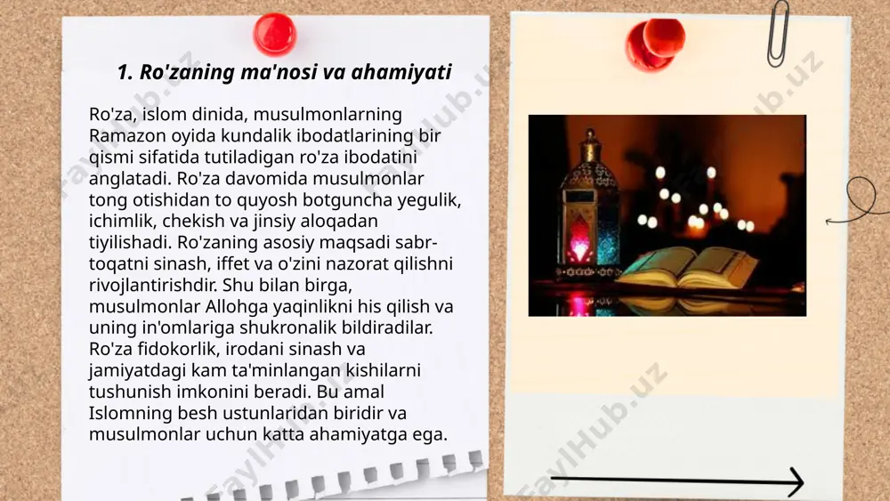 kimdir saharlikka shubha qilib ovqat yesa, yoki mag'rib vaqti kirmasdan avval og'iz ochsa, ro'zasi buziladi. ro'zani bilib turib buzuvchi kishi kafforat amalini bajarishi lozim. ... t.me/slaydai_bot iftorlik, ramazon oyi davomida musulmonlar uchun muhim ibodatlardan biridir. u kun bo'yi ro'za tutishdan so'ng, quyosh botgandan keyin o'z iftorlik oziqlanishini amalga oshirishni anglatadi. bu ibodat musulmonlar orasida birlik va saxovatni kuchaytiradi. odatda, kun davomida saqlangan ochlik va chanqoq iftor bilan bartaraf etiladi. iftorlikda duolar o'qilib, dastlab xurmo yoki suv bilan ro'za ochiladi. sahih hadislar iftorning erta va kechikmasdan amalga oshirilishi zaruriyatini ta'kidlaydi. iftorlik vaqti islomiy takvim bo'yicha aniqlanib, barchaga hayrli taomlar bahramand qiluvchi bir hikmatni o'zida mujassam etadi. ... t.me/slaydai_bot saharlik yoki suhur musulmonlar uchun ramazon oyida ro‘za tutishdan oldin iste'mol qilinadigan taomdir. ushbu ovqatlanish jismoniy quvvatni saqlashga yordam beradi va ro‘za davomida suvsizlanishni kamaytiradi. tadqiqotlar ko‘rsatadiki, saharlik qabul qilish metabolizmni barqarorlashtiradi va kun davomida energiyani oshiradi. saharlik faqat diniy emas, balki sog‘lom …