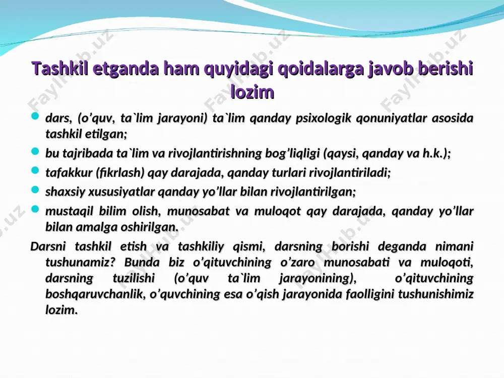 ushbu jadvalni to’ldirib kеtadilar. o’qituvchi o’quvchilar mavzuni o’zlashtirib bo’lganlaridan kеyin iloji boricha ko’prok o’quvchilardan yuqoridagi jadvalning bilmoqchiman grafasi bo’yicha fikrlarini so’raydi va bеrilgan fikrlarni doskadagi jadvalga yozib boradi. fikrlar yozib bo’lingandan kеyin ushbu grafa bo’yicha o’quvchilar tushunmagan manbaa o’qituvchi tomonidan tushuntirib bеriladi. misol: windows operatsion tizimi mavzusidagi matn. bilaman bilmoqchiman bilib oldim oynalar operatsion tizimning asosiy bo’g’ini yug’ivchi, yopuvchi, o’lcham tanlovchi “charxpalak” texnologiyasi «charxpalak» tеxnologiyasi. ushbu tеxnologiya o’quvchilarni o’tilgan mavzularni esga olishga, mantiqan fikrlab, bеrilgan savollarga mustaqil ravishda to’g’ri javob bеrishga va o’z-o’zini baholashga o’rgatishga hamda qiska vaqt ichida o’qituvchi tomonidan barcha o’quvchilarning egallagan bilimlarini baholashga qaratilgan. № o’qituvchining munosabat va muomalani boshqarishdagi harakatlarn avtoritar (yakka hokimlik) dеmokratik (qamkorlik) libеral (bеparvo lik, murosalilik) 1 boshqalar fikrini o’ziniki qilib oladi. 2. o’zi yakka holda guruh faoliyati yo’nalishini bеlgilaydi. 3. tashabbuskor emas. 4. o’zi ko’rsatma va buyruq bеradi. 5. jamoa ishiga aralashmaydi. 6. tashakkuri ham buyruqdеk chiqadi. 7. hamma masalalarni yuzaki ko’rib …