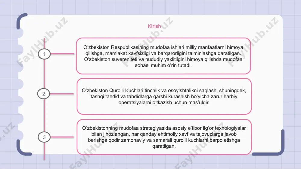 ston qurolli kuchlari xalq xavfsizligi va mudofaasini ta’minlashda hal qiluvchi o‘rin tutadi. ular o‘zbekistonning ichki va xalqaro miqyosda chegaralarini qo‘riqlash, manfaatlarini himoya qilish uchun mas’uldirlar. chegara xavfsizligi o‘zbekiston respublikasining mudofaa ishlariga uning chegaralarini qo‘riqlash kiradi. mamlakat o‘z fuqarolarining xavfsizligi va farovonligini ta’minlash uchun chegara xavfsizligini ta’minlashga ustuvor ahamiyat berdi. o‘zbekistonda samarali chegara xavfsizligini ta’minlash bo‘yicha turli chora-tadbirlar amalga oshirildi, jumladan, chegara qo‘shinlarini joylashtirish, chegara postlarini tashkil etish, kuzatuvning ilg‘or texnologiyalaridan foydalanish. ushbu mudofaa ishlari chegarani noqonuniy kesib o‘tish, kontrabanda faoliyati va milliy xavfsizlikka tahdid soladigan boshqa tahdidlarning oldini olishda hal qiluvchi rol o‘ynaydi. 1 2 3 dengiz mudofaasi o‘zbekiston respublikasi dengiz mudofaasi mamlakatning dengiz manfaatlarini himoya qilish va milliy xavfsizlikni ta’minlashda hal qiluvchi o‘rin tutadi. harbiy-dengiz floti oʻzbekistonning hududiy suvlarini qoʻriqlash, qaroqchilik va kontrabanda kabi noqonuniy faoliyatning oldini olishga masʼuldir. harbiy-dengiz kuchlari kuzatuv, qidiruv-qutqaruv ishlarini olib borish, yuzaga kelishi mumkin bo‘lgan tahdidlardan himoyalanish qobiliyatiga ega zamonaviy harbiy kemalar va suv …